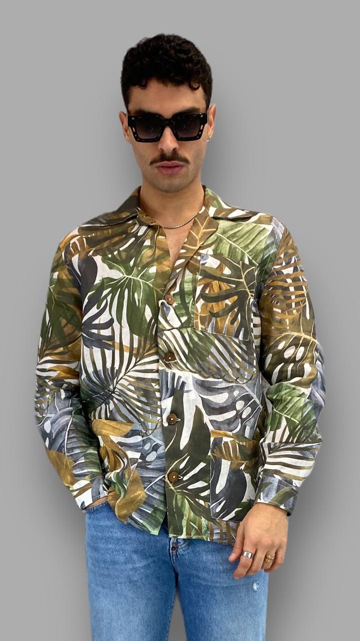 GIACCA CAMICIA IN 100% LINO CON BOTTONI EFFETTO LEGNO FANTASIA TROPICALE - REGULAR FIT