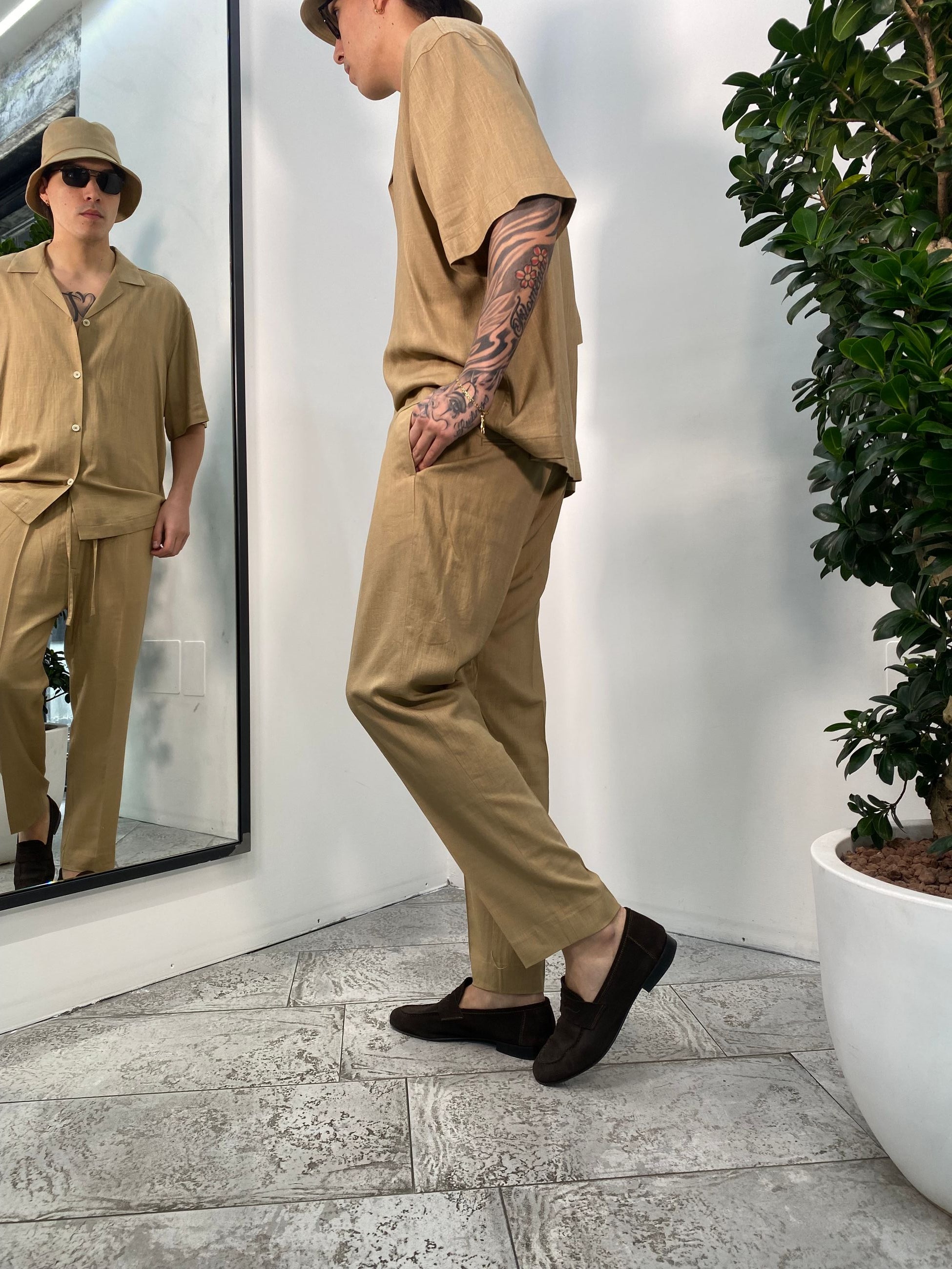 PANTALACCIO FONDO REGOLARE IN MISTO LINO EFFETTO FIAMMATO - REGULAR FIT PA3248.BEI