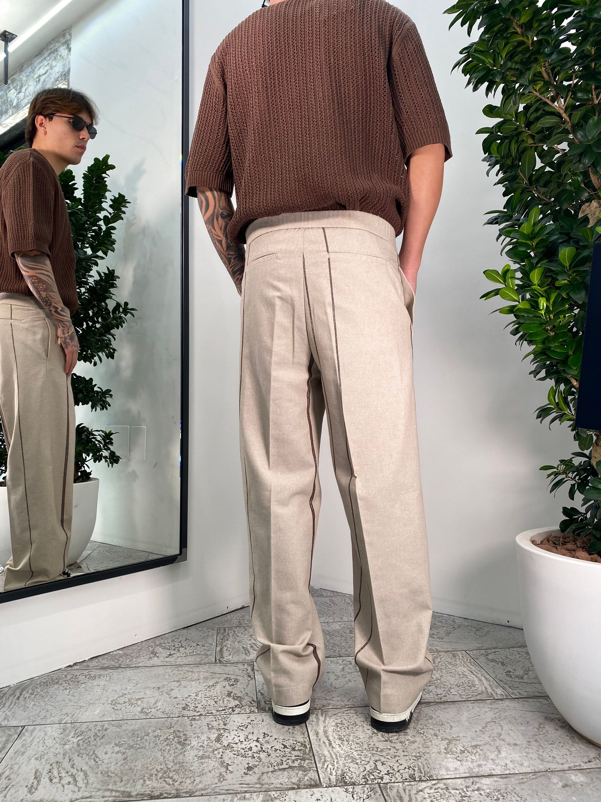 PANTALONE IN MISTO COTONE FONDO AMPIO MOTIVO RIGHE CON ELASTICO - RELAXED FIT PA3241