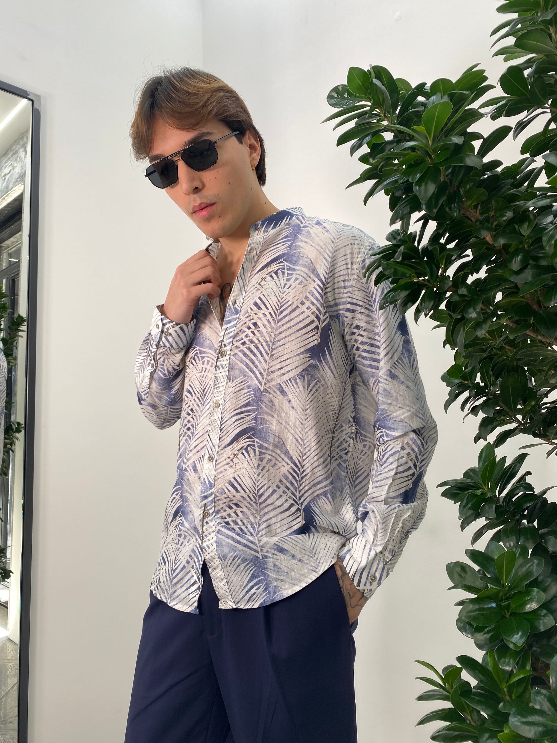 CAMICIA COREANA FANTASIA IN MISTO LINO/COTONE - REGULAR FIT FIOLIN528.LTBLUE