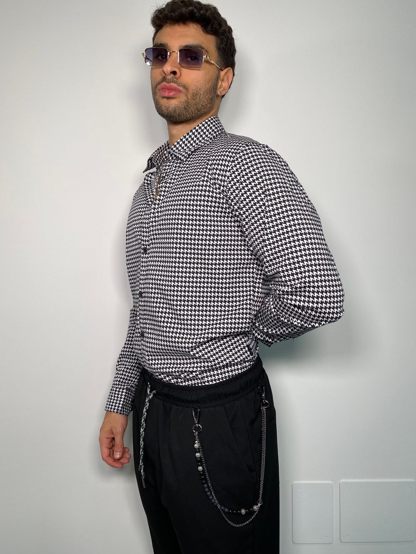 CAMICIA IN COTONE ELASTICIZZATO FANTASIA PIED DE POULE - SLIM FIT
