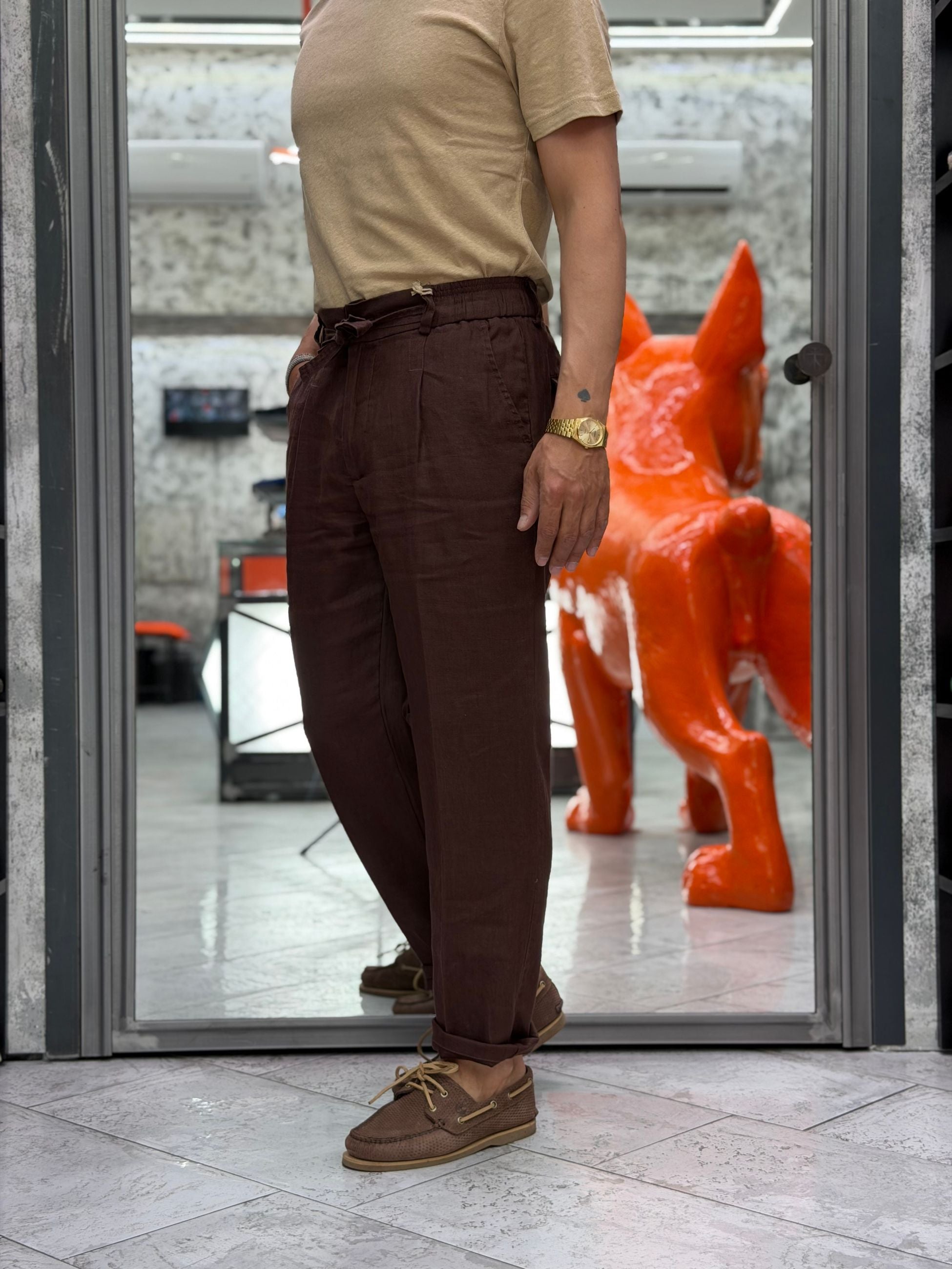 PANTALACCIO IN 100% LINO DA COMPLETO TASCA AMERICA CON PINCE - REGULAR FIT PSE1527SS.MOK