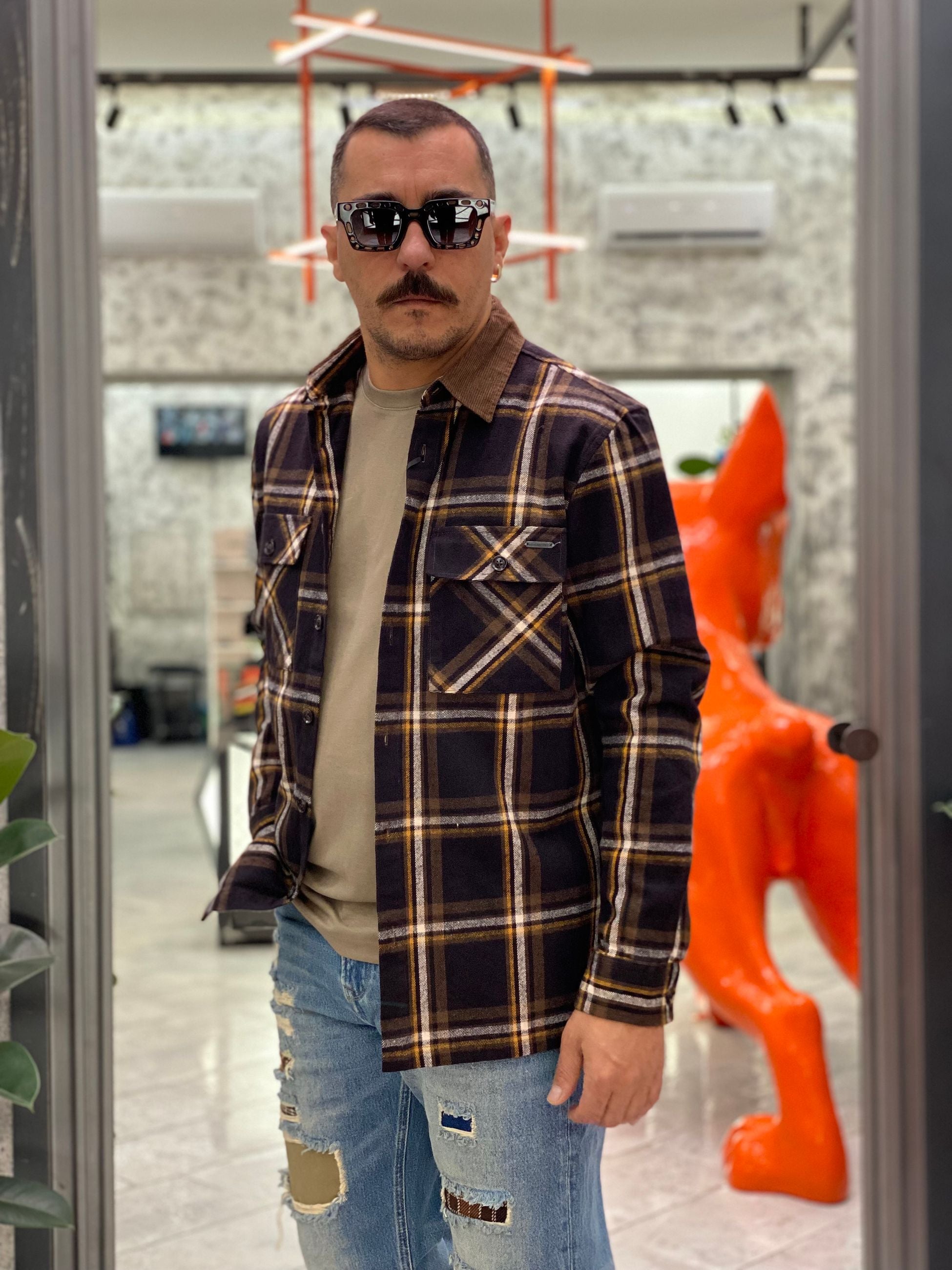 OVERSHIRT A QUADRI IN FLANELLA CON TASCHINI E COLLETTO IN VELLUTO - RELAXED FIT GL7818S