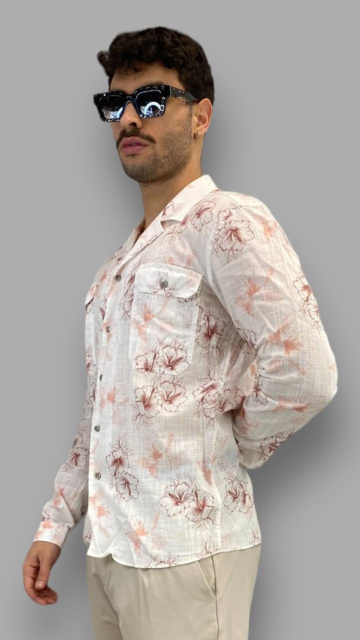 GIACCA CAMICIA IN PREGIATO LINO CON TASCHE A TOPPA E FANTASIA FIORI - REGULAR FIT