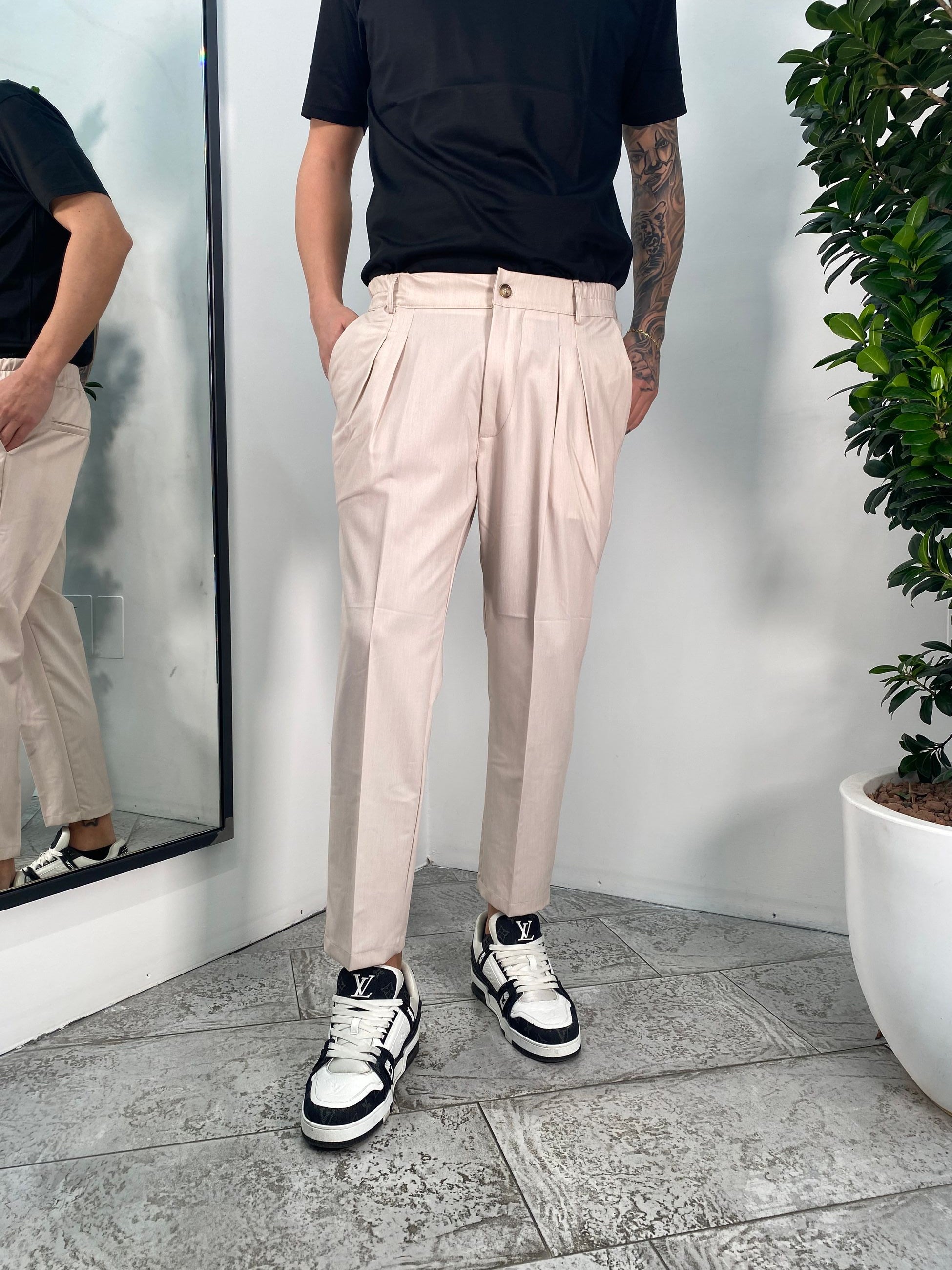 PANTALONE CAPRI CON DOPPIA PINCE, COULISSE IN VITA E RISVOLTO AL FONDO - REGULAR FIT FD217 - PA806.ECRU