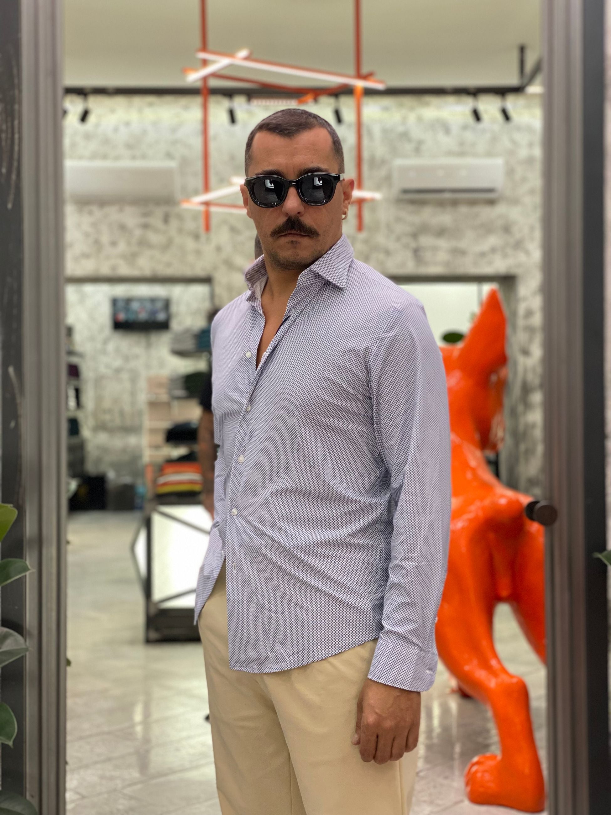 CAMICIA NO STIRO IN TESSUTO PREMIUM MICRO FANTASIA - REGULAR FIT FIO4030NY.BLU