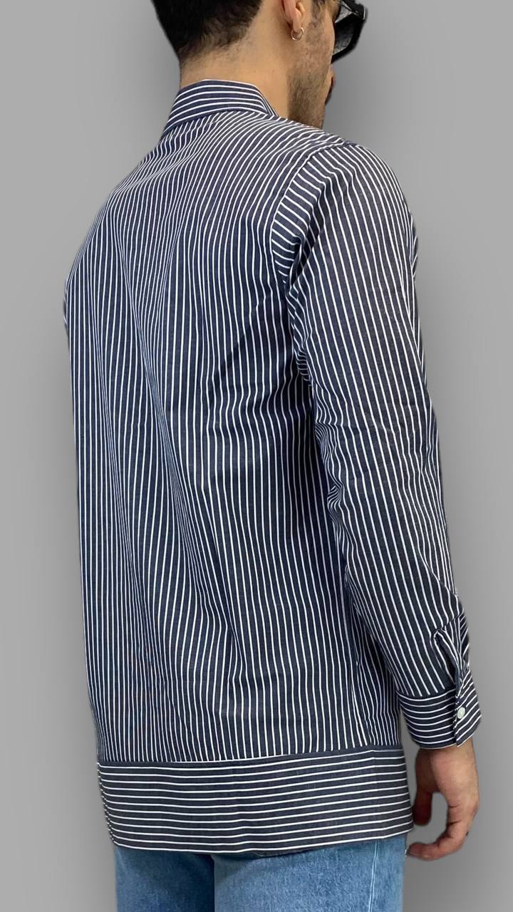 CAMICIA LUNGA A RIGHE CON SCRITTA FRONTALE "I'M VIRGIN AND THIS IS AN OLD SHIRT" - OVER FIT