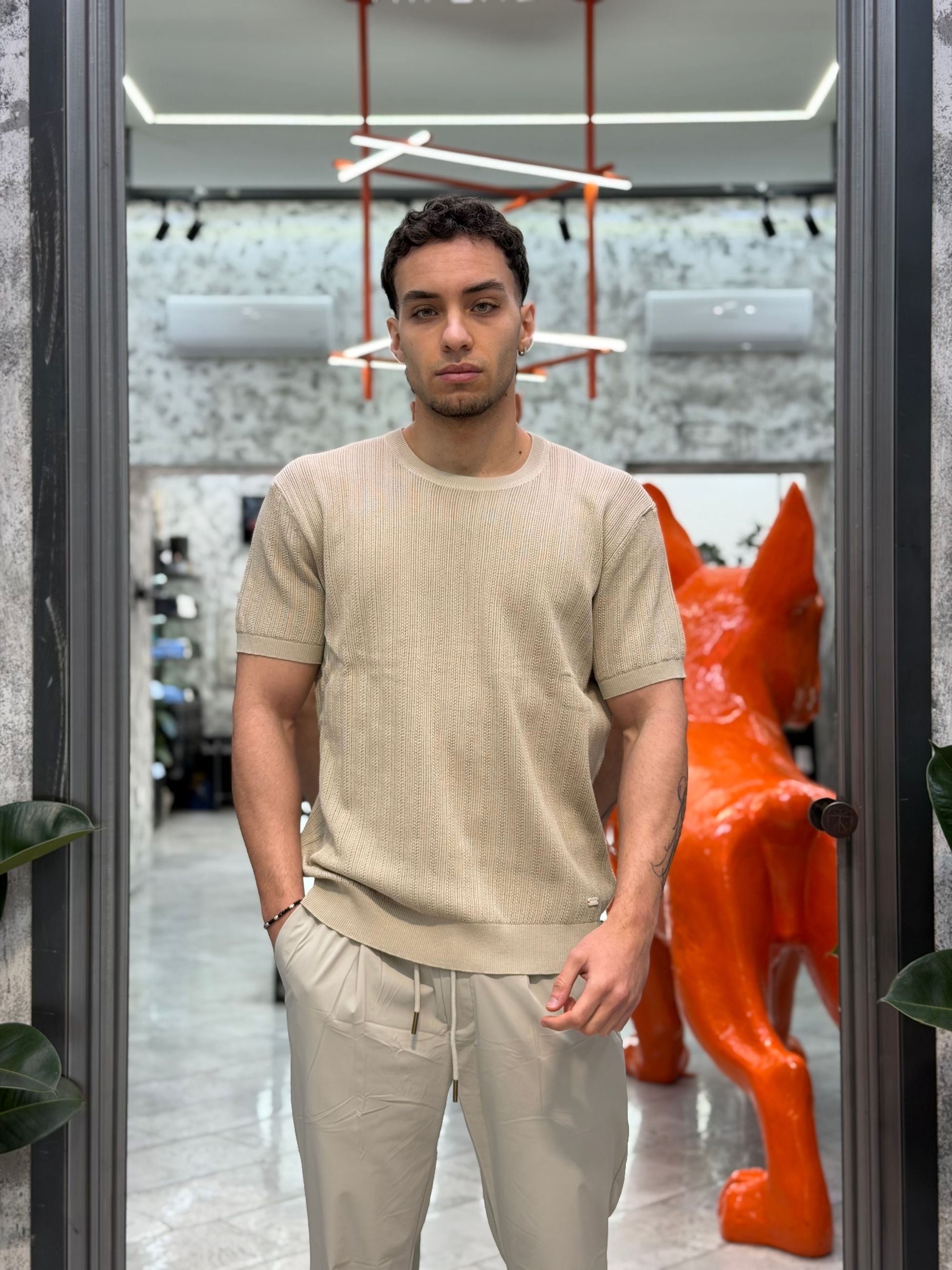 T-SHIRT GIROCOLLO IN MAGLIA LAVORATA - REGULAR FIT GL35338.BEI