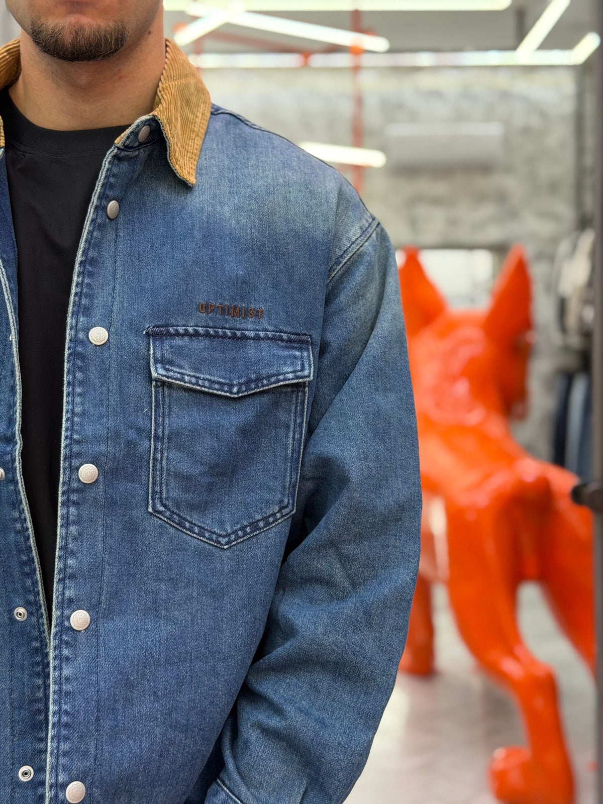 OVERJACKET IN DENIM CON TASCA A TOPPA LATO CUORE E COLLETTO VELLUTO IN CONTRASTO - RELAXED FIT GLW136G