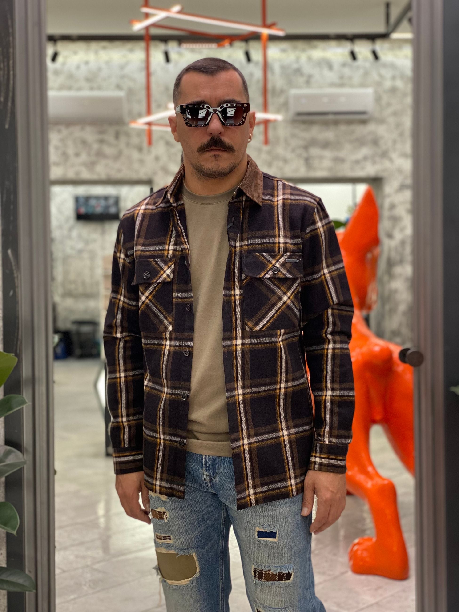 OVERSHIRT A QUADRI IN FLANELLA CON TASCHINI E COLLETTO IN VELLUTO - RELAXED FIT GL7818S