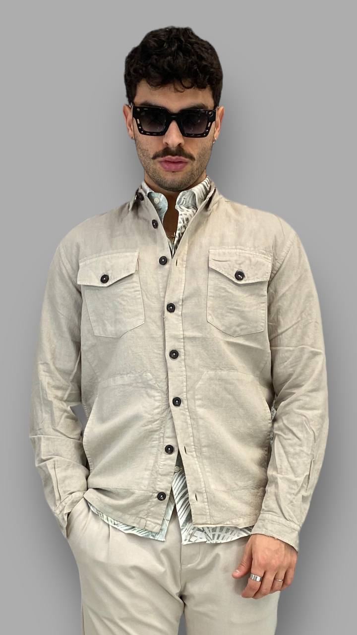 GIACCA CAMICIA IN PREGIATO LINO CON TASCHINI A TOPPA E TASCHE A FILETTO - REGULAR FIT