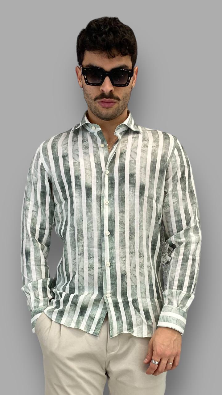 CAMICIA IN PREGIATISSIMO LINO CON FANTASIA EFFETTO RIGHE E PALME - REGULAR FIT