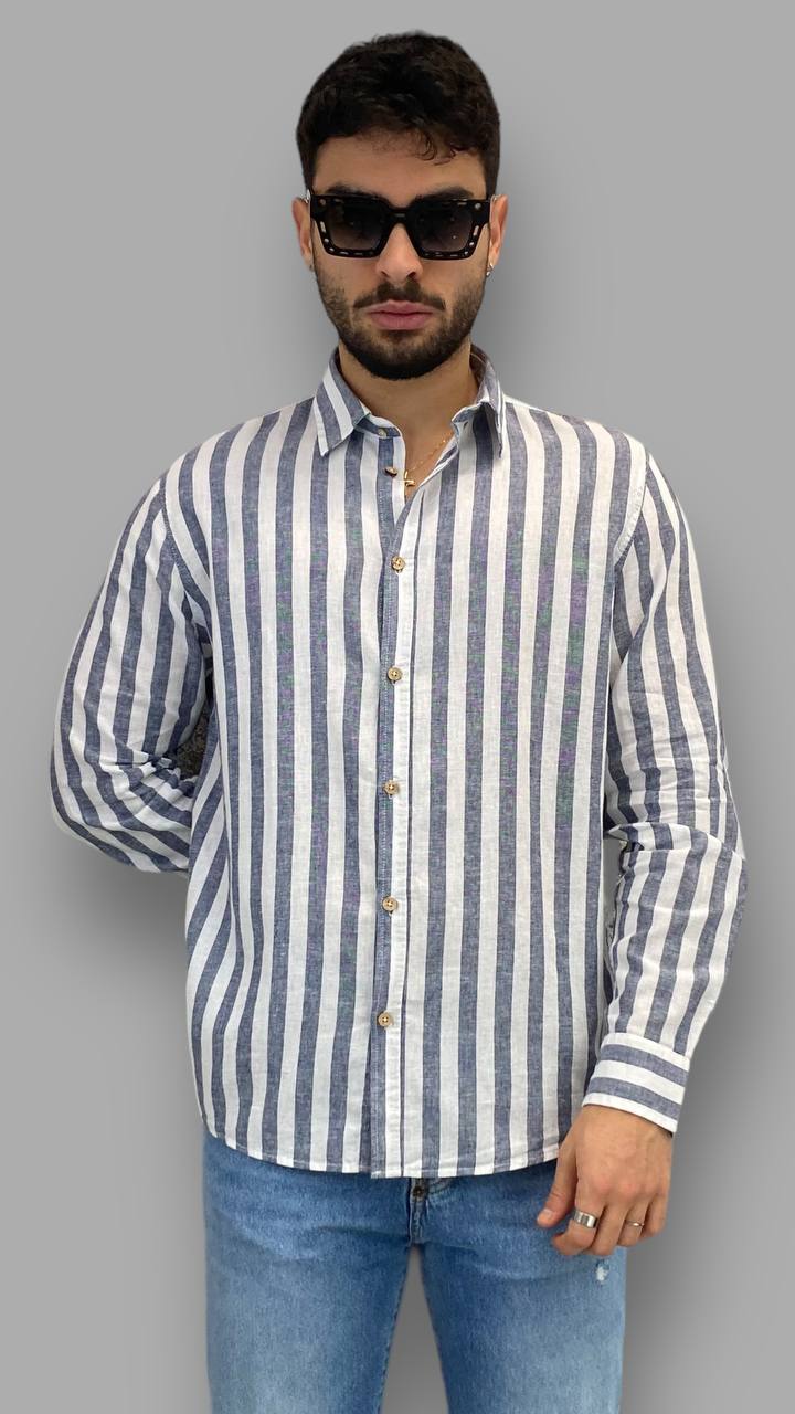 CAMICIA A RIGHE LARGHE IN MISTO LINO/COTONE - REGULAR FIT