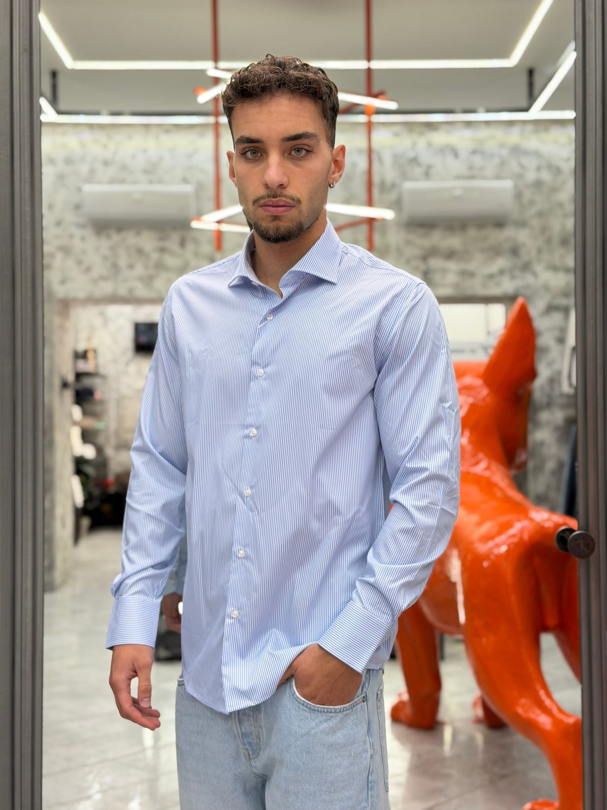 CAMICIA NO STIRO COLLO ITALIANO A RIGHE STRETTE - SLIM FIT 6603.CEL