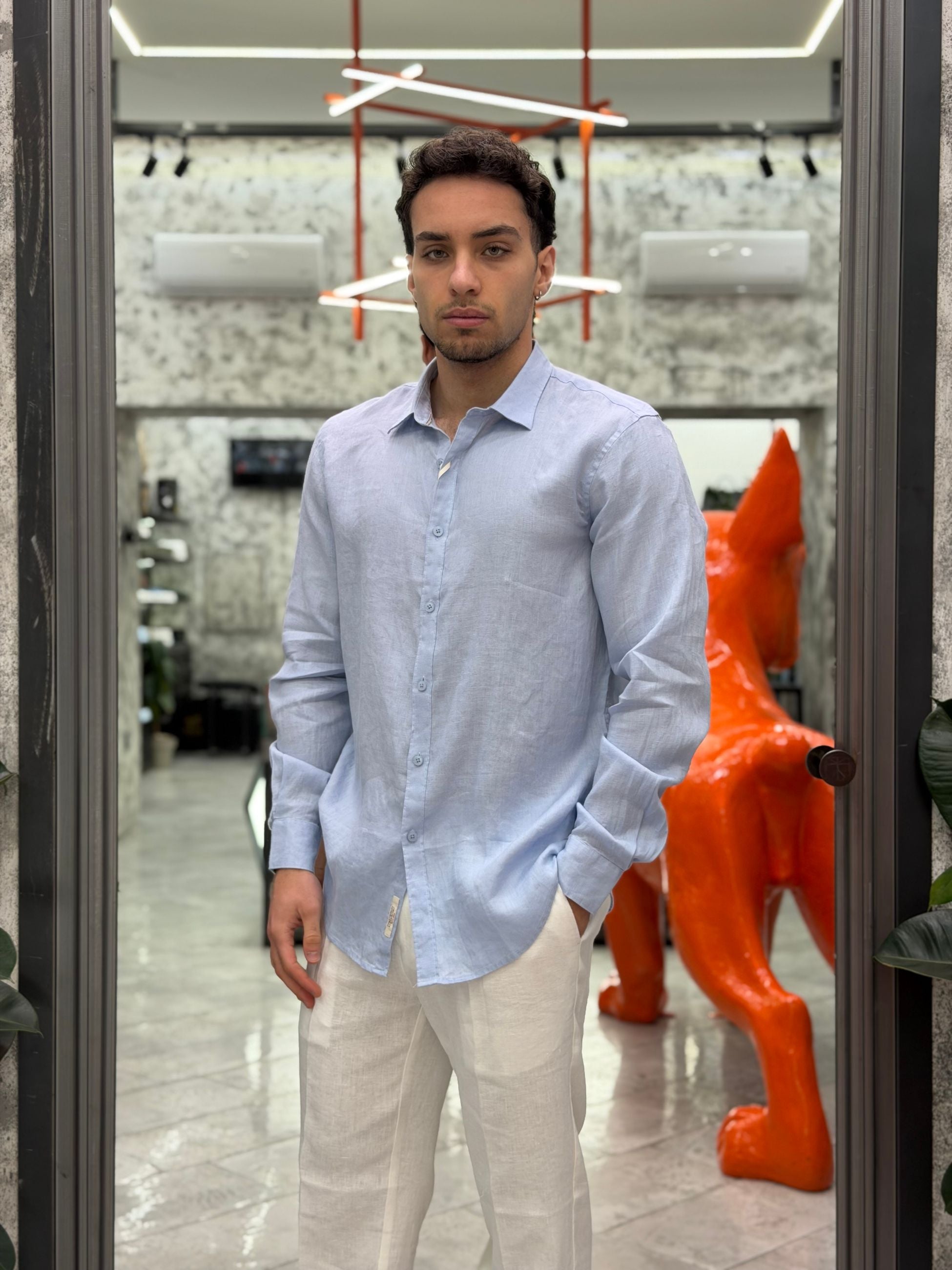 CAMICIA IN 100% PURO LINO CON COLLO ALL'ITALIANA - REGULAR FIT GL7619S-S26.SKY