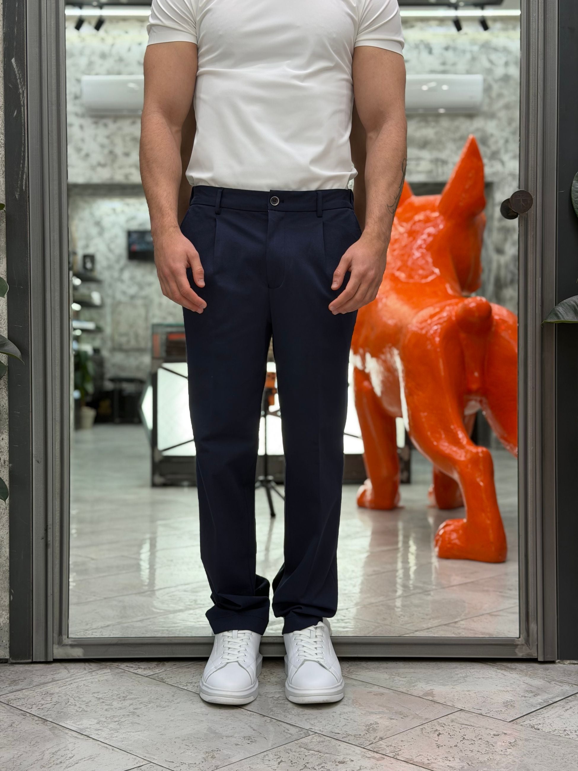 PANTALONE DA COMPLETO TASCA AMERICA CON COULISSE IN TESSUTO PUNTO MILANO ELASTICIZZATO - REGULAR FIT PSE1501SS.BLU