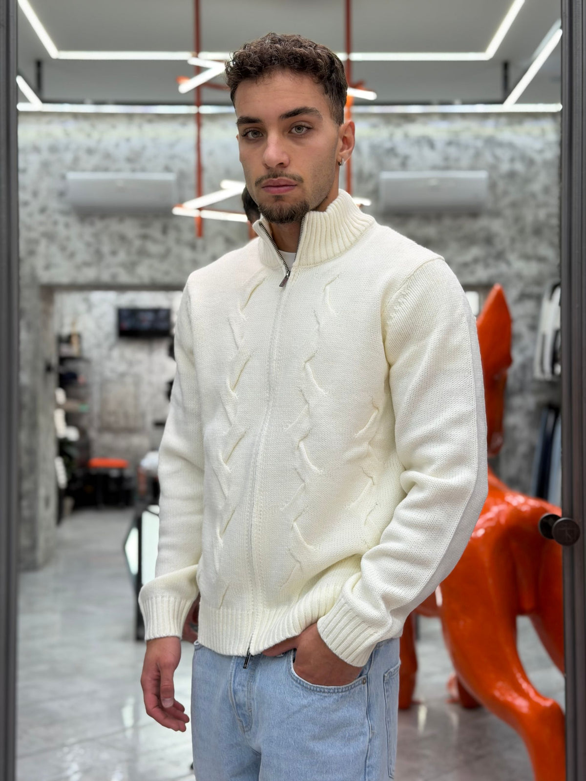 MAGLIA FULL ZIP FINEZZA 10 TRAMA TRECCE - REGULAR FIT MK2900030.LAT