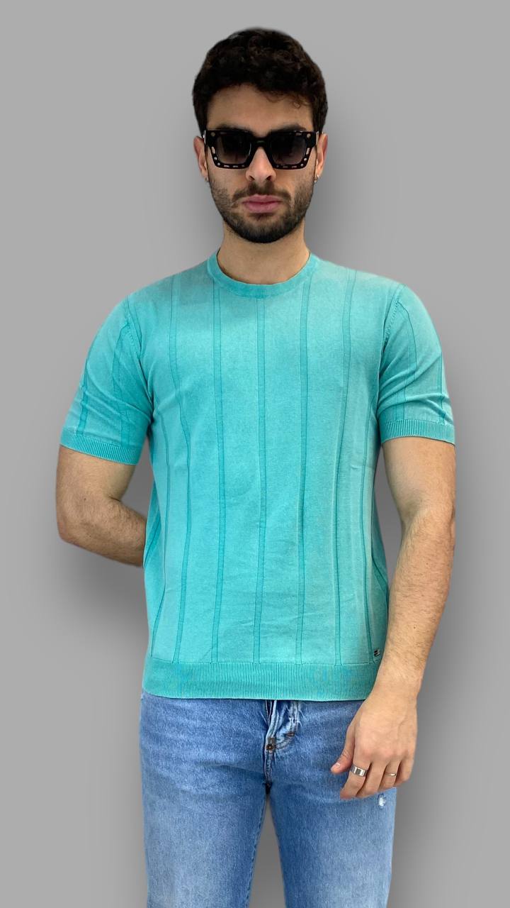 T-SHIRT IN FILO MISTO LINO CON EFFETTO RIGHE VERTICALI - MANICHE E VITA ELASTICIZZATI - SLIM FIT