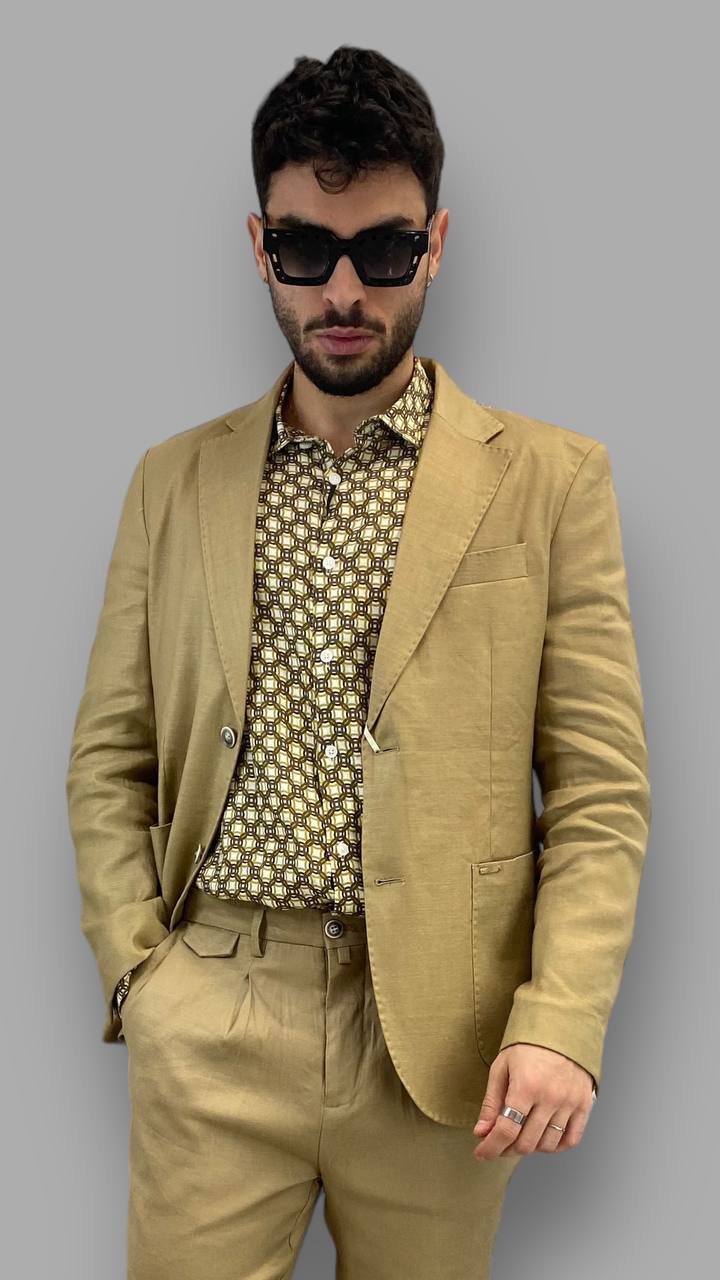 GIACCA DA ABITO MONOPETTO IN MISTO LINO ELASTICIZZATO CON COLLO REVERS E TASCHE A TOPPA - REGULAR FIT