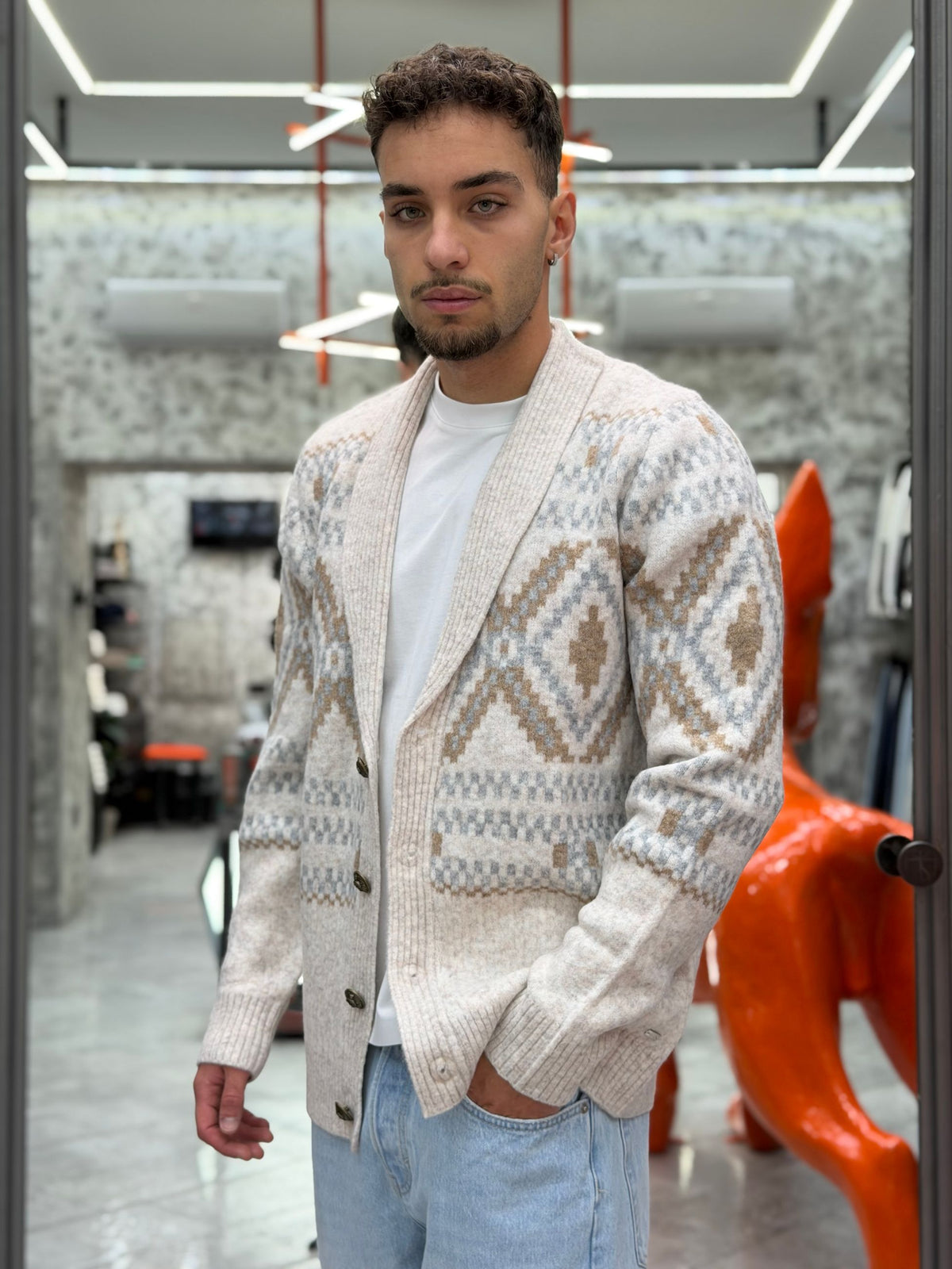 CARDIGAN FINEZZA 7 MOULINE' JACQUARD ETNICO - REGULAR FIT MK2900074.LAT