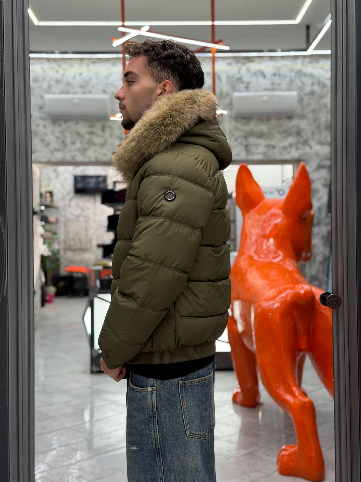 BOMBER IN NYLON CON CAPPUCCIO E COLLO IN ECOPELLICCIA - REGULAR FIT MK2940038.VMIL