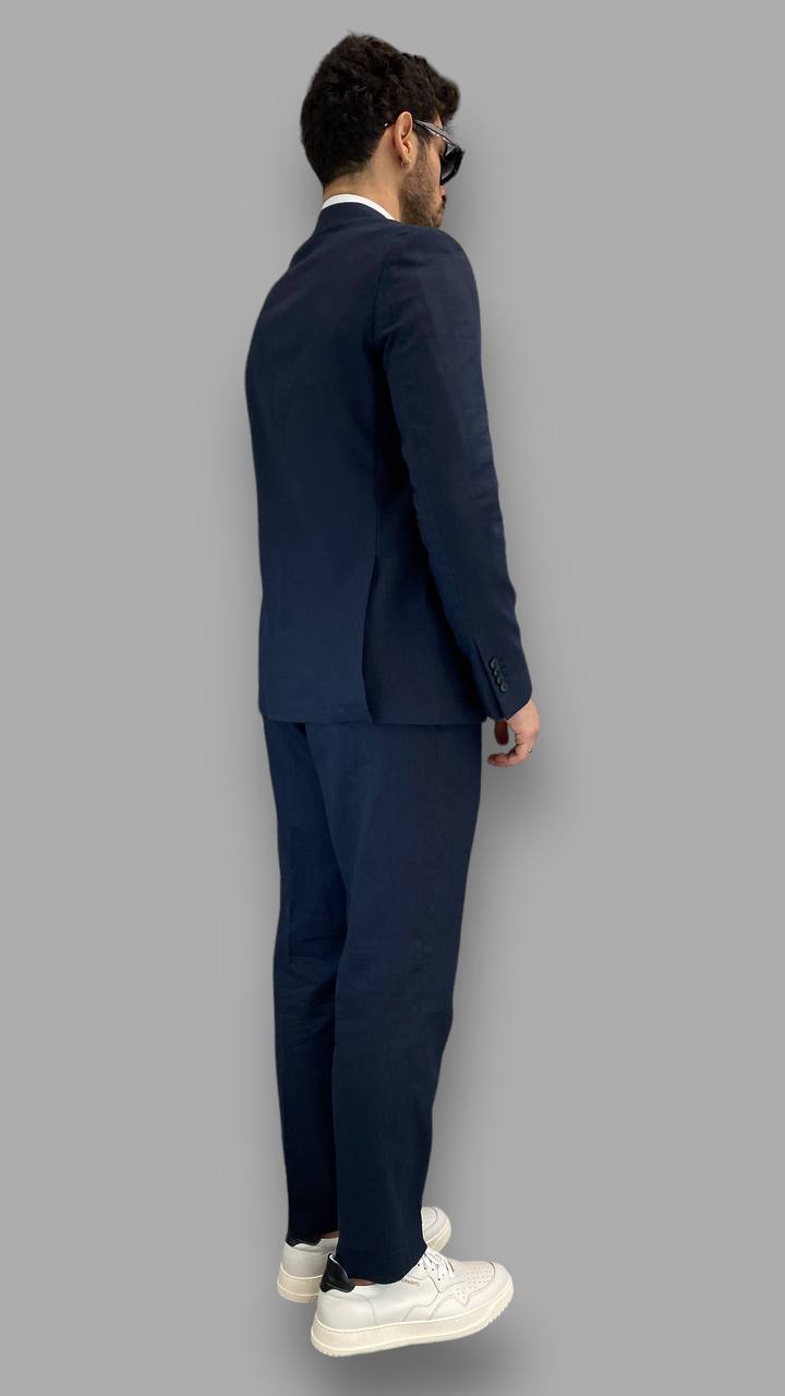 ABITO MONOPETTO COLLO REVERS IN 100% LINO CON PANTALACCIO - REGULAR FIT