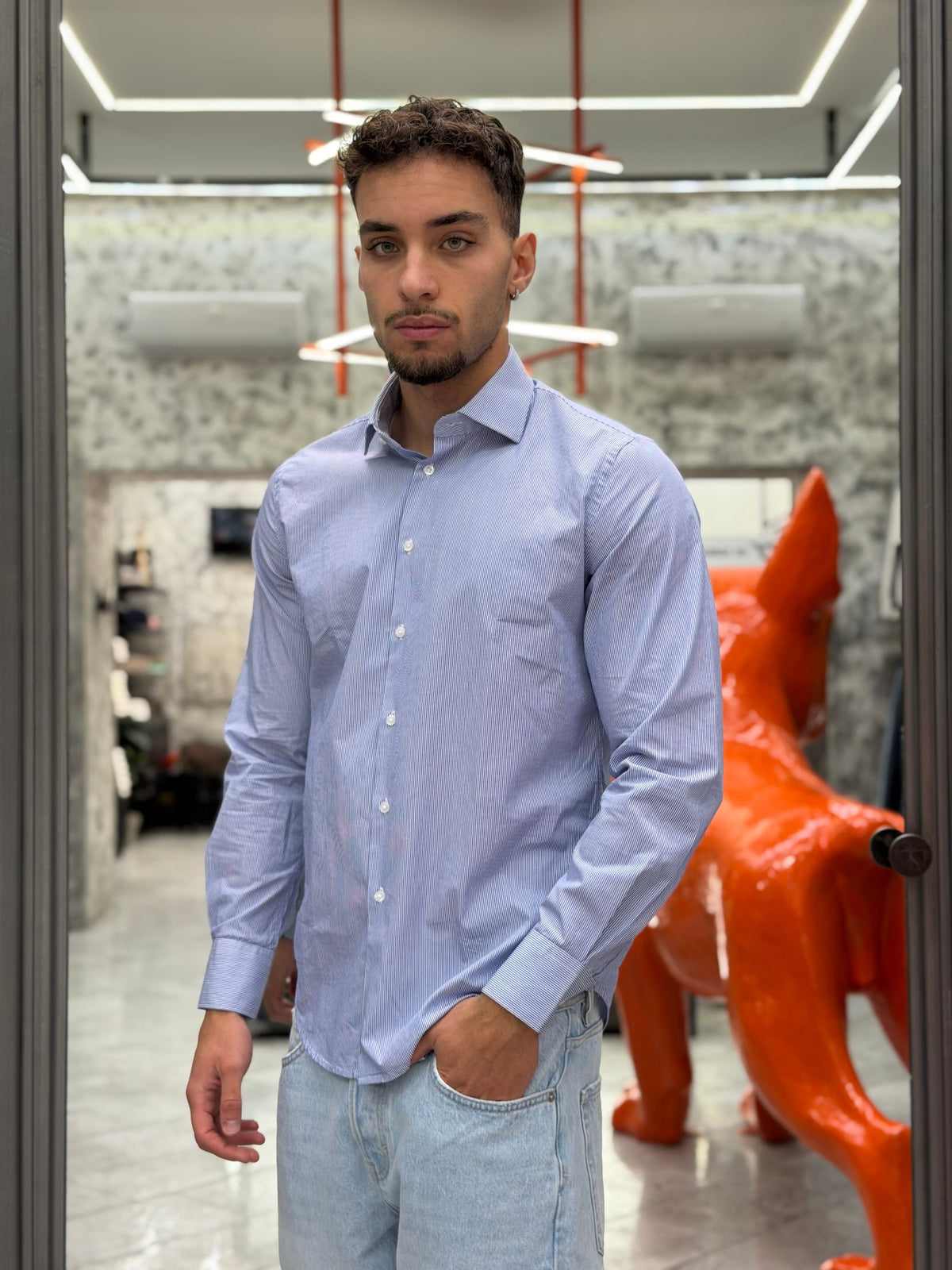 CAMICIA COLLO ITALIANO IN PURO COTONE A RIGHE STRETTE - SLIM FIT 27W12CA STRIPE1.CEL