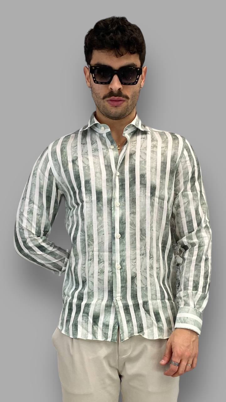 CAMICIA IN PREGIATISSIMO LINO CON FANTASIA EFFETTO RIGHE E PALME - REGULAR FIT