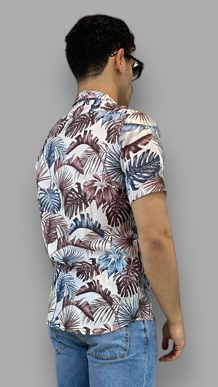 CAMICIA HAWAIANA IN 100% LINO MEZZA MANICA FANTASIA TROPICAL GARDEN - REGULAR FIT