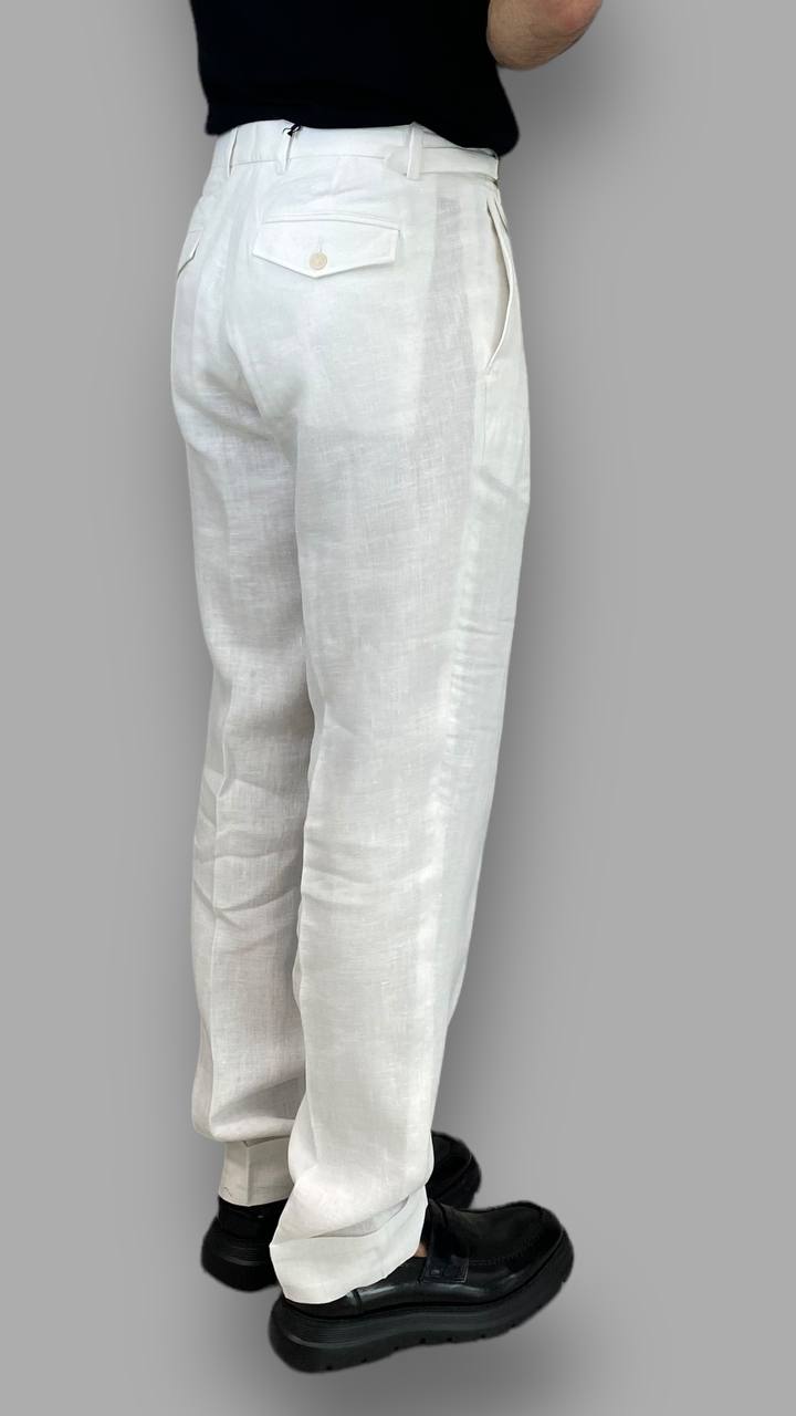 PANTALONE DA ABITO IN 100%LINO TASCA AMERICA GAMBA AMPIA CON RISVOLTO - RELAXED FIT