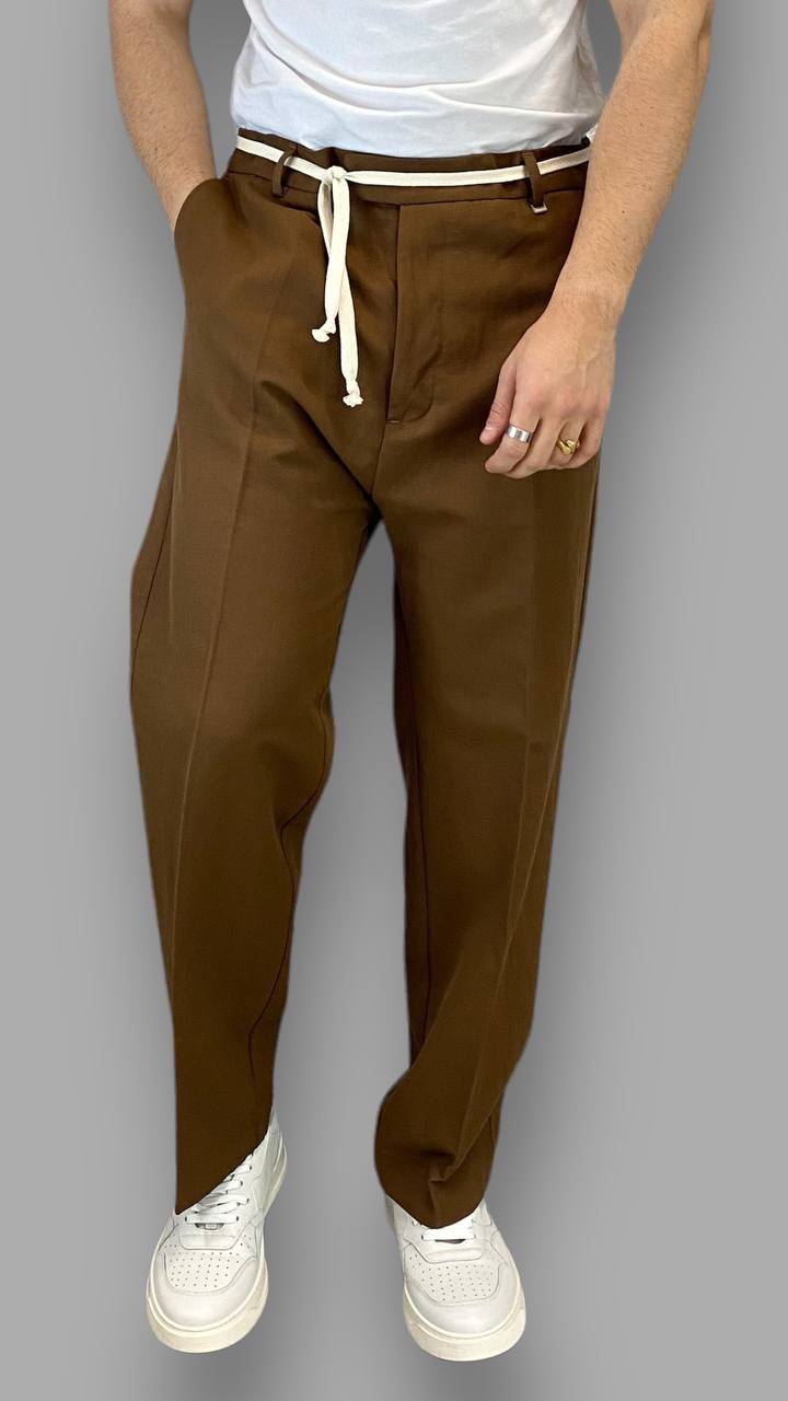 PANTALONE DA ABITO IN MISTO COTONE/LINO GAMBA LARGA CON COULISSE E LACCIO IN VITA - RELAXED FIT