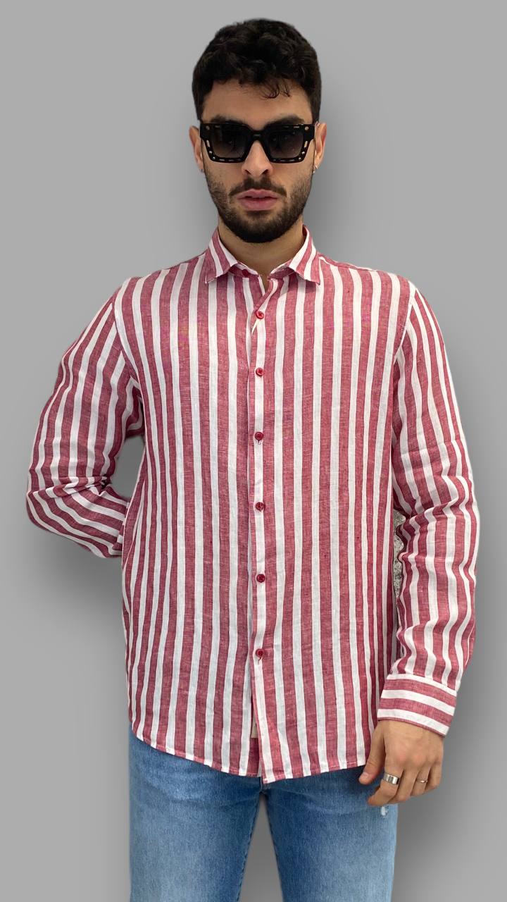 CAMICIA A RIGHE CON COLLO ALL'ITALIANA IN 100% LINO - REGULAR FIT