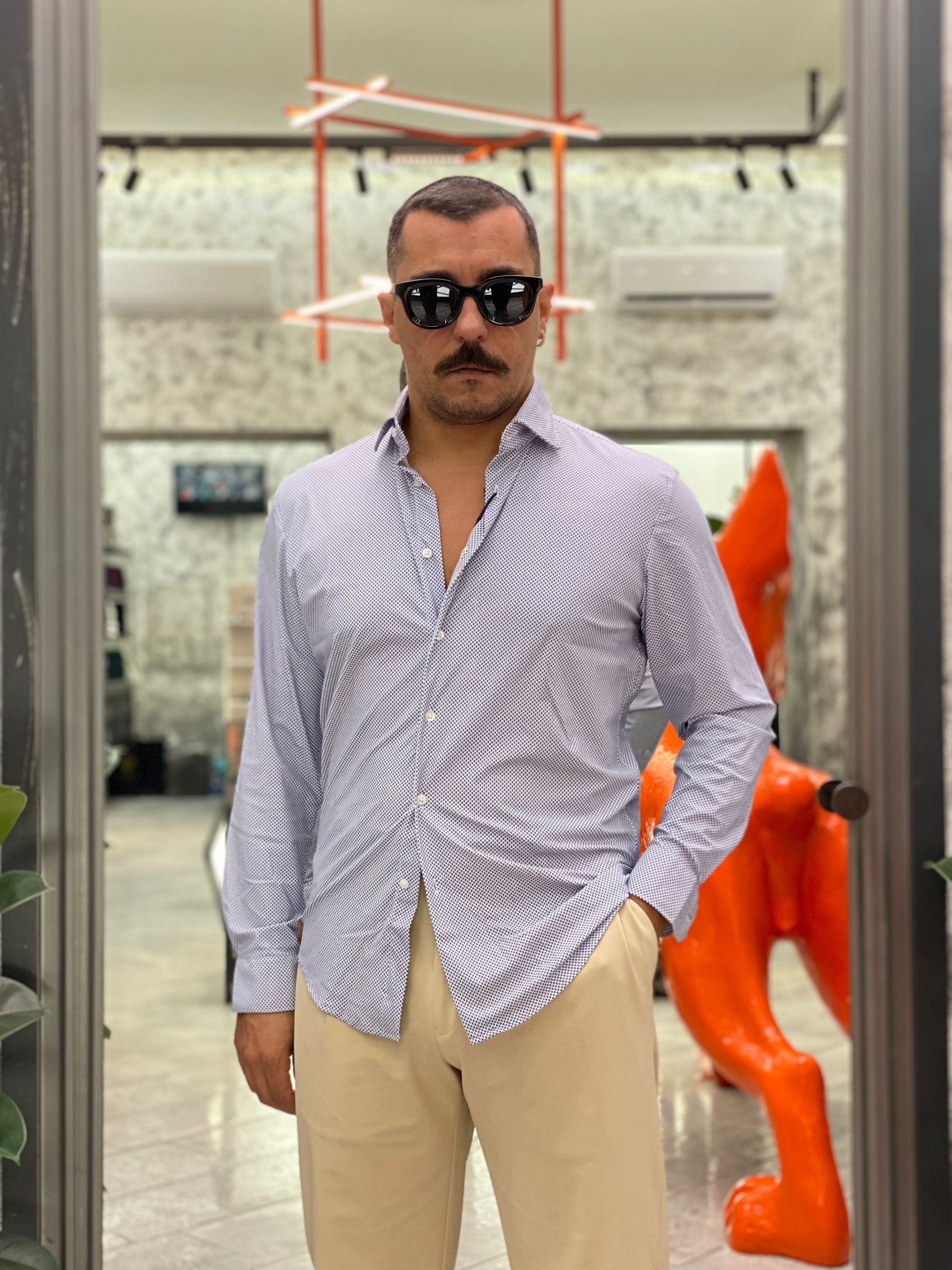 CAMICIA NO STIRO IN TESSUTO PREMIUM MICRO FANTASIA - REGULAR FIT FIO4030NY.BLU