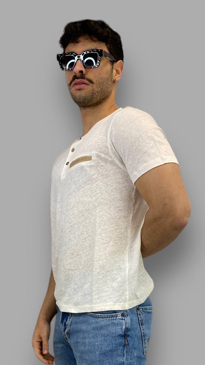 T-SHIRT MODELLO SERAFINO IN 100% LINO CON FINTO TASCHINO IN CORDA - REGULAR FIT