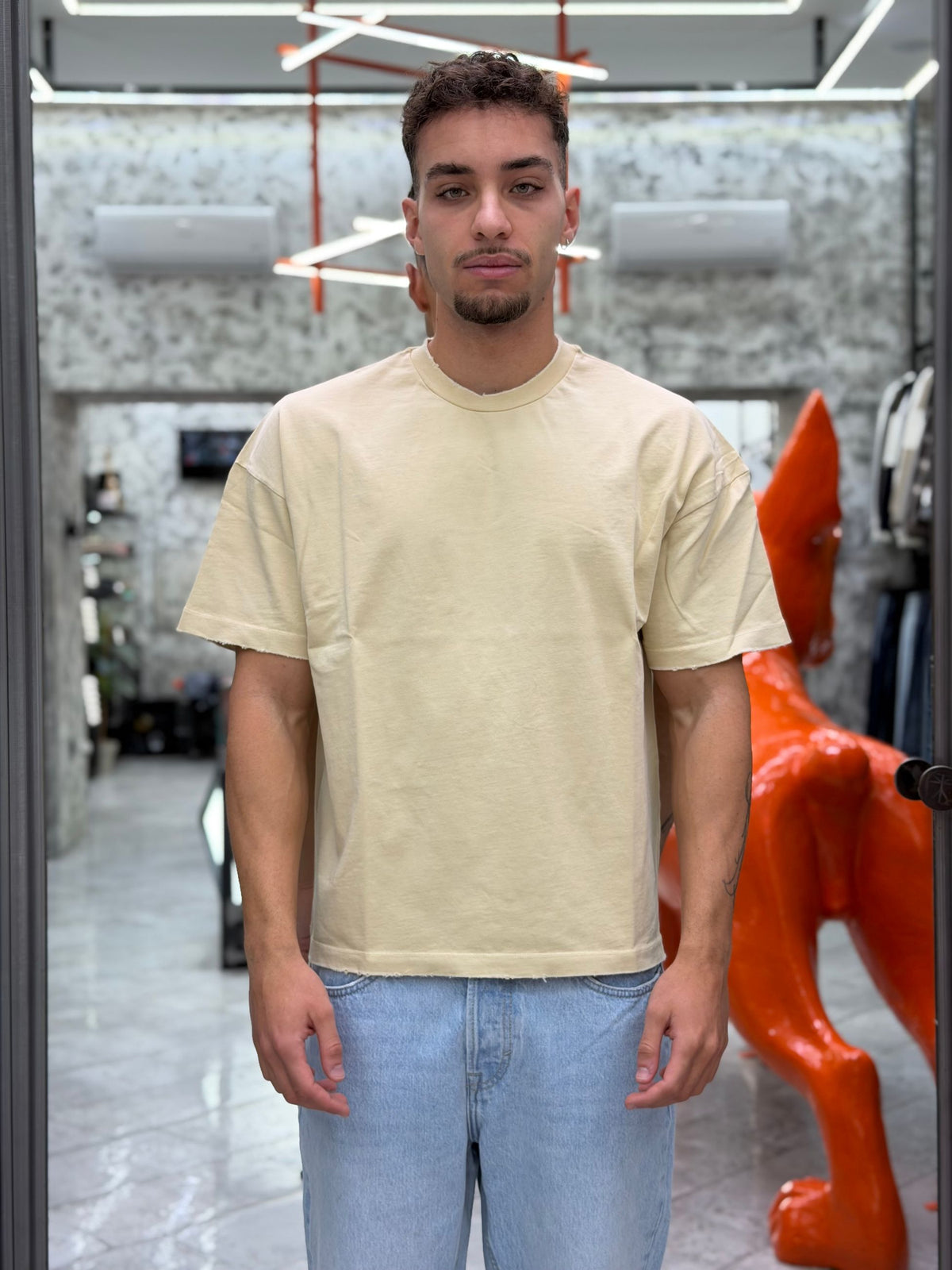 T-SHIRT IN JERSEY AMERICANO 30/2 TINTO IN CAPO CON COLLO E MANICHE EFFETTO DESTROYED - OVER CROP FIT BOXYMOL.SAB