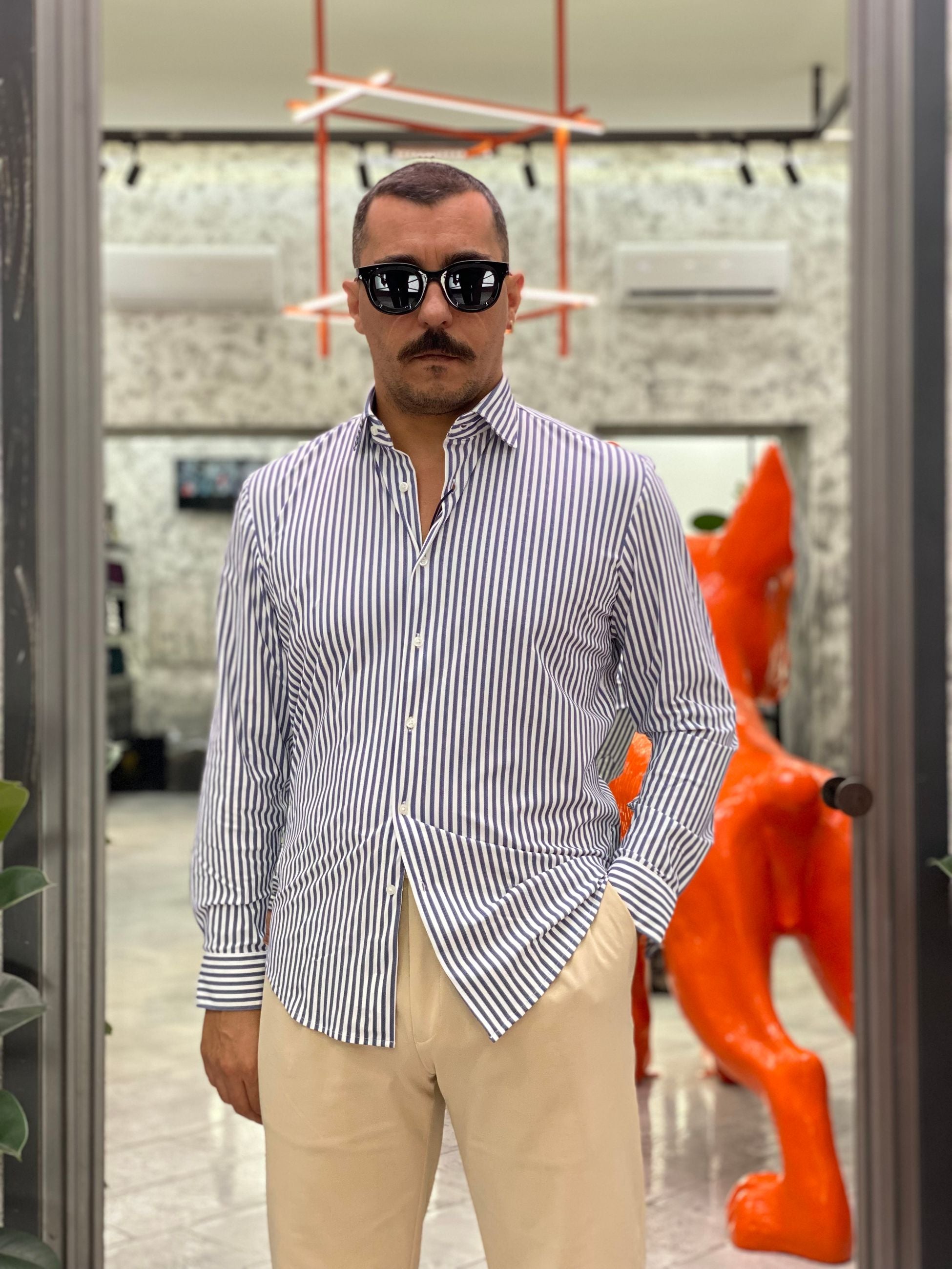 CAMICIA NO STIRO IN TESSUTO PREMIUM FANTASIA RIGHE SPIGATE - REGULAR FIT FIO3044NY.BLU