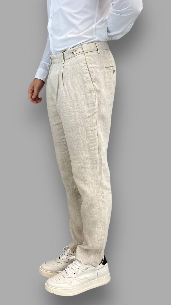 PANTALONE DA ABITO IN 100% LINO TASCA AMERICA  CON PINCE E VITA REGOLABILE - REGULAR FIT