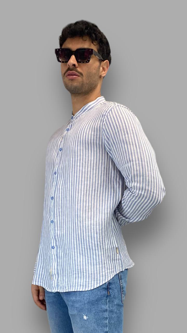 CAMICIA IN 100% LINO A RIGHE CON COLLO ALLA KOREANA - REGULAR FIT