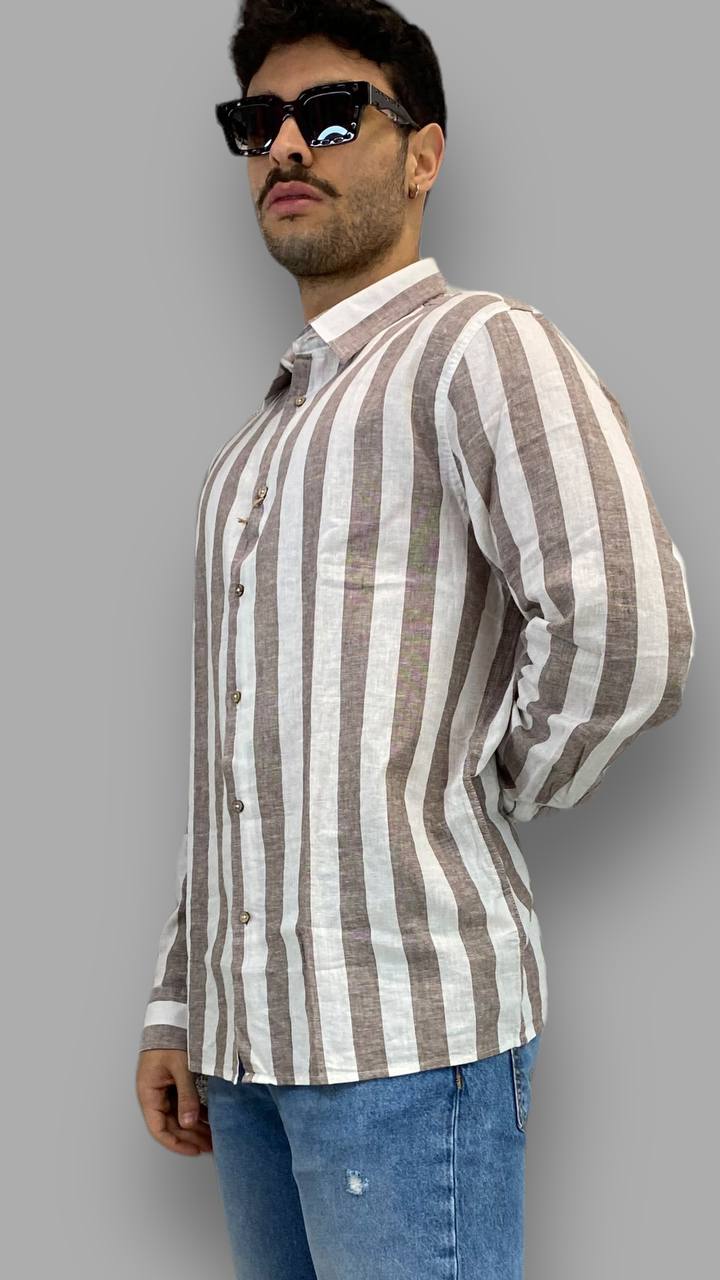 CAMICIA IN 100%LINO A RIGHE LARGHE - REGULAR FIT