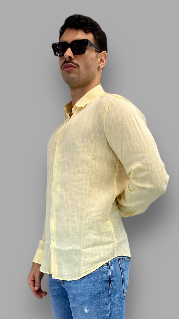 CAMICIA IN 100% LINO EFFETTO FIAMMATO CON COLLO ALL'ITALIANA - REGULAR FIT