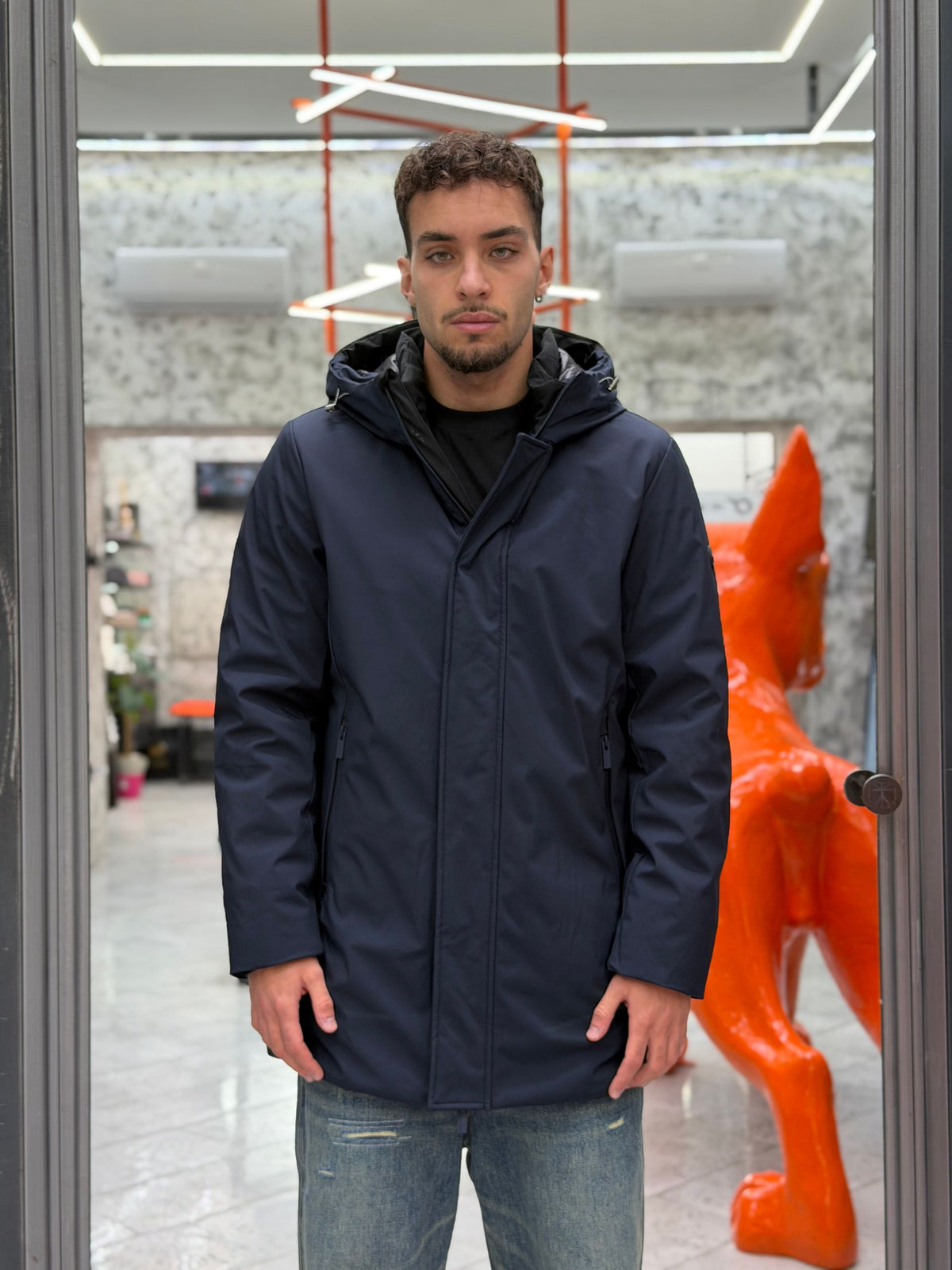 PARKA LUNGO CON CAPPUCCIO IN TESSUTO TECNICO WATERPROOF & WINDPROOF - REGULAR FIT MK24007-26.BLU