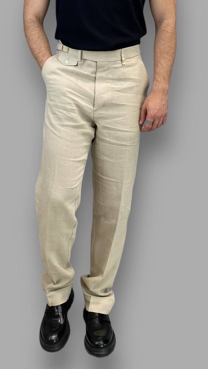 PANTALONE DA ABITO IN 100%LINO TASCA AMERICA GAMBA AMPIA CON RISVOLTO - RELAXED FIT