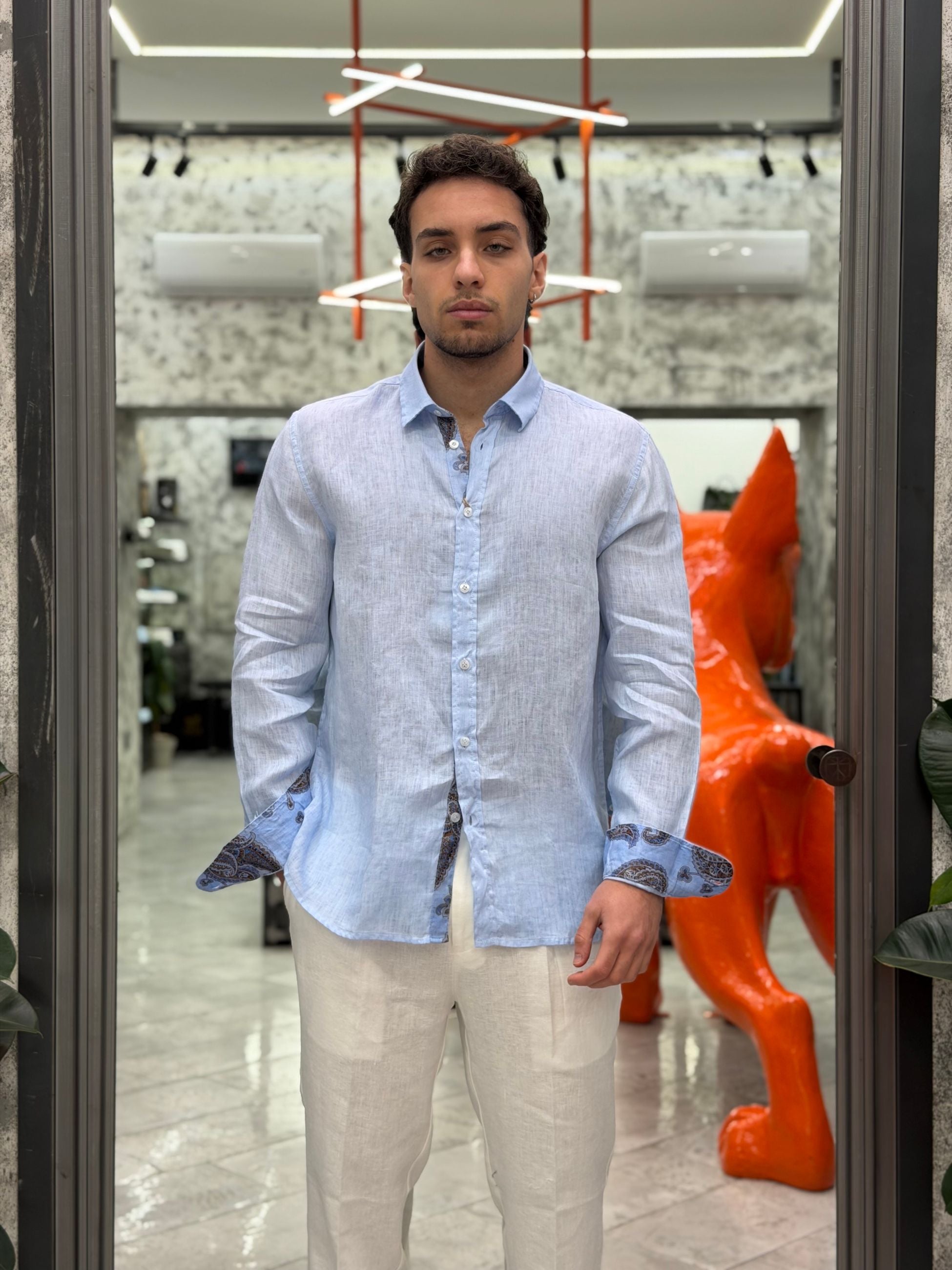 CAMICIA MANICA LUNGA COLLO ALL'ITALIANA IN 100% LINO FIAMMATO - REGULAR FIT CE1091SS.CEL