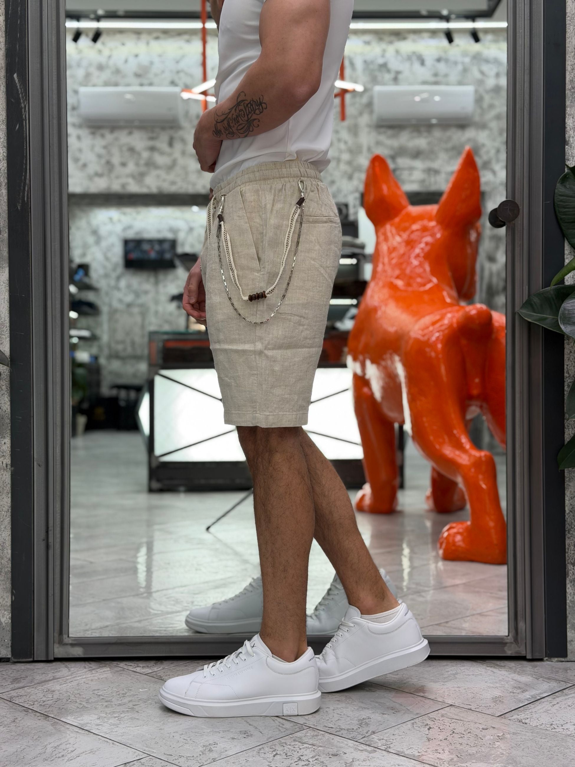 BERMUDA IN 100% PURO LINO CON LACCIO E ACCESSORIO CATENA REMOVIBILE - REGULAR FIT FJ3269-S26.SAB