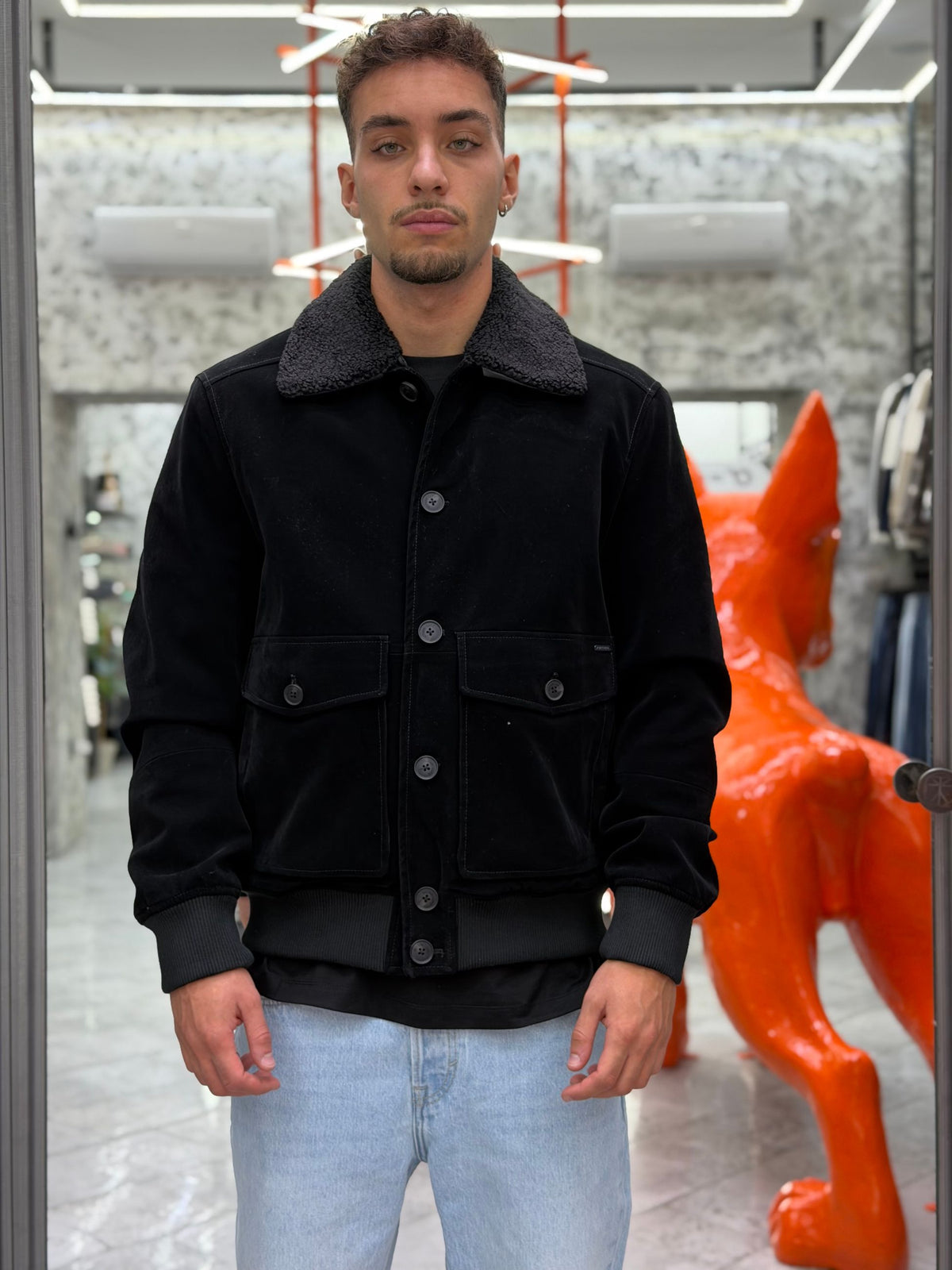 GIUBBINO ECOPELLE COLLO ECOPELLICCIA REMOVIBILE CON TASCHE ED ELASTICO AL FONDO - REGULAR FIT GL9857.NER