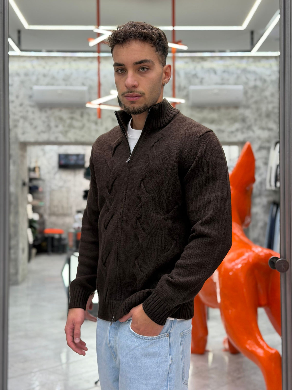 MAGLIA FULL ZIP FINEZZA 10 TRAMA TRECCE - REGULAR FIT MK2900030.MOR