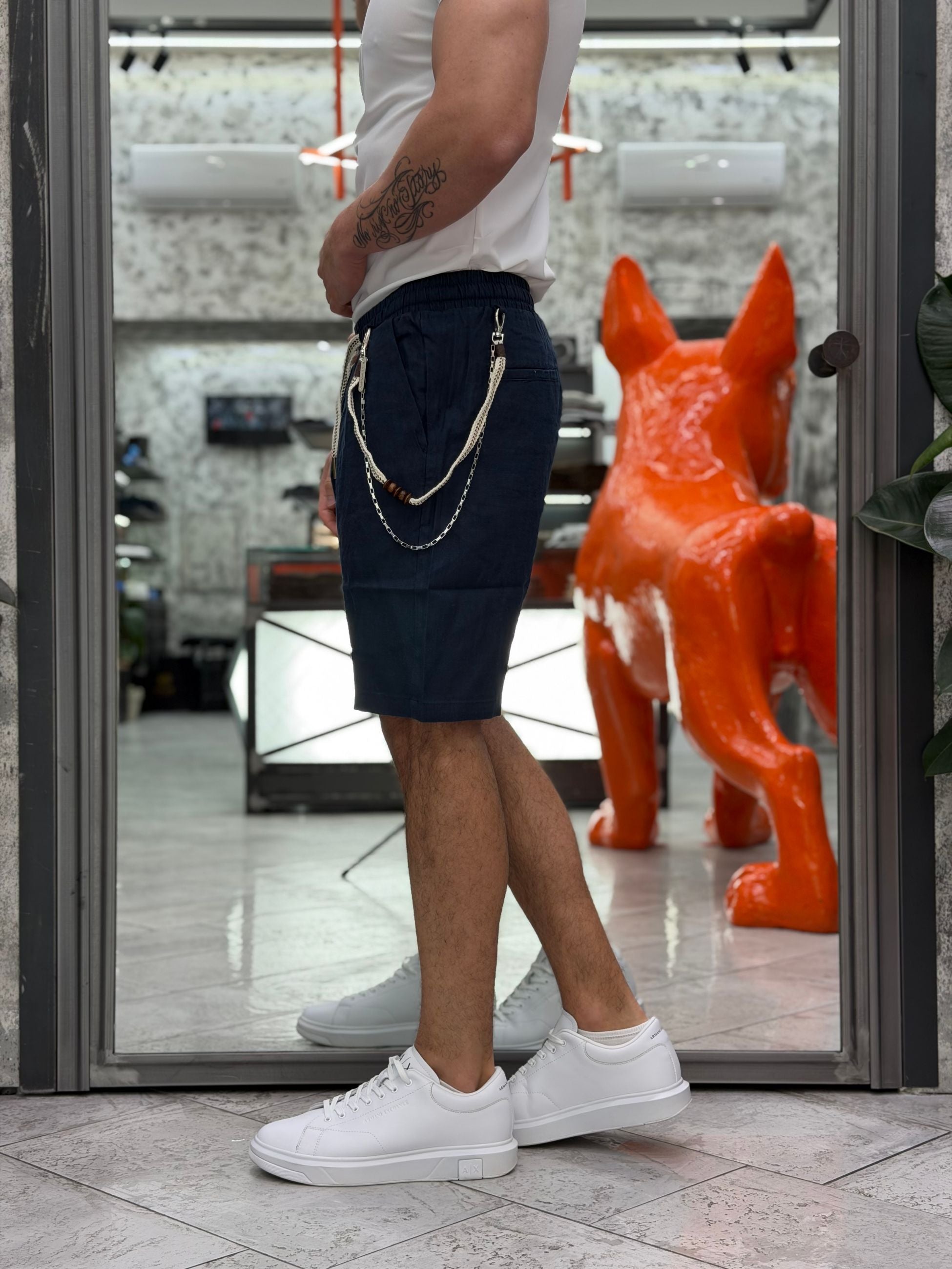 BERMUDA IN 100% PURO LINO CON LACCIO E ACCESSORIO CATENA REMOVIBILE - REGULAR FIT FJ3269-S26.BLU