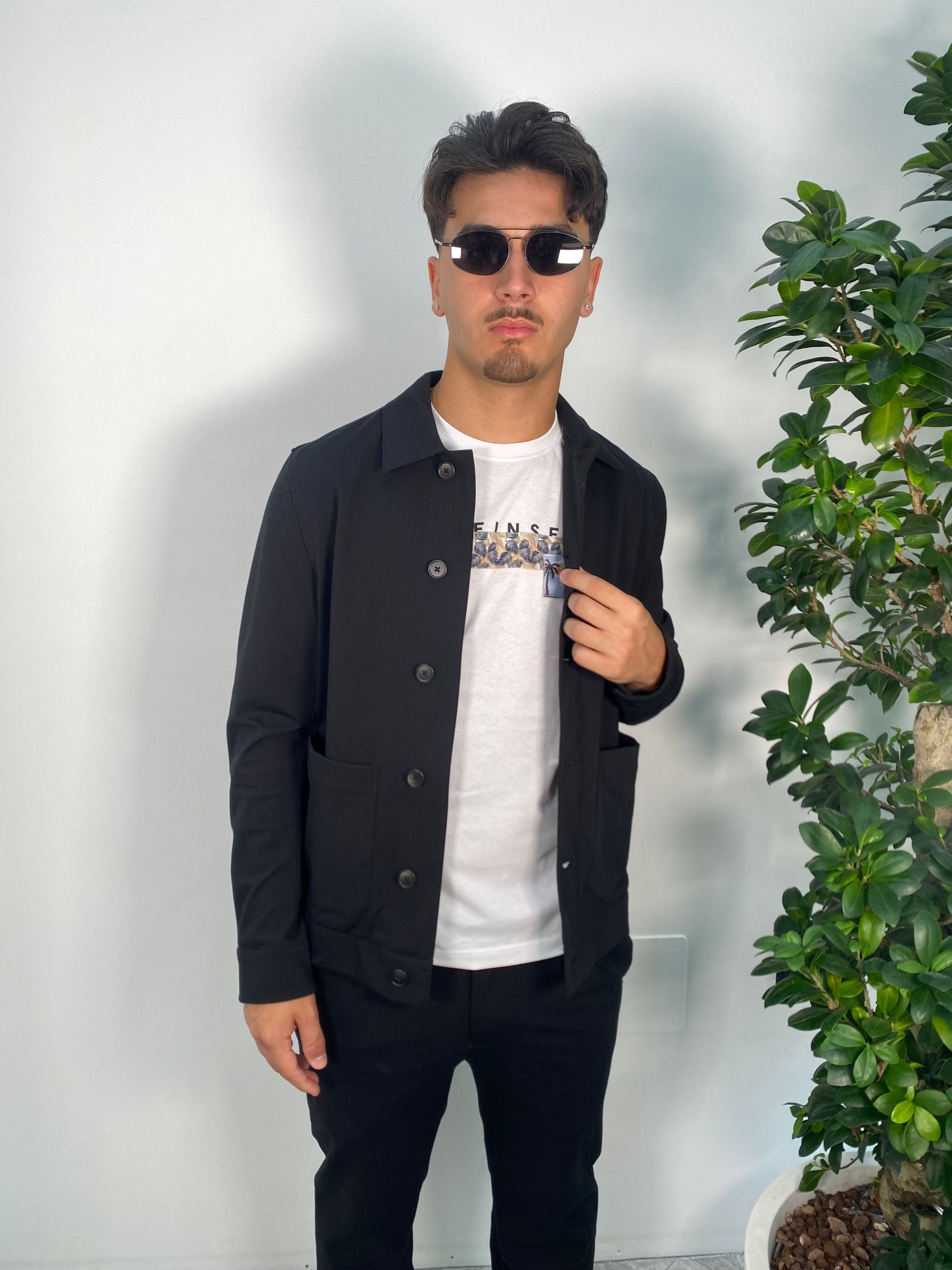 OVERSHIRT DA COMPLETO CON TASCHE A TOPPA IN TESSUTO PUNTO MILANO LEGGERO ED ELASTICIZZATO - REGULAR FIT GBE1042SS.NER