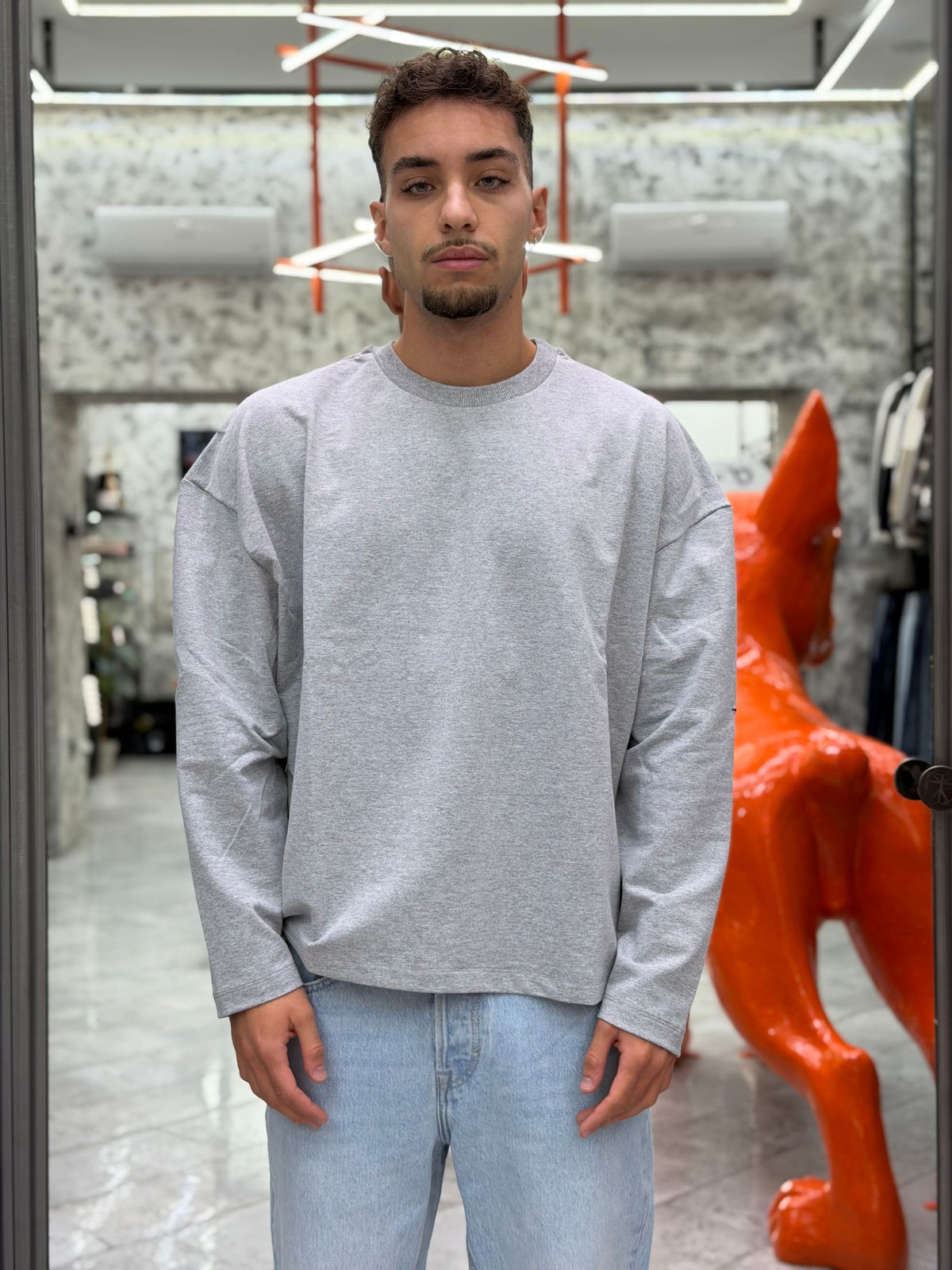 MAGLIA LONG SLEEVE IN FELPA LEGGERA CON RICAMI SULLE BRACCIA - BIG OVERCROP FIT FL004.GRI