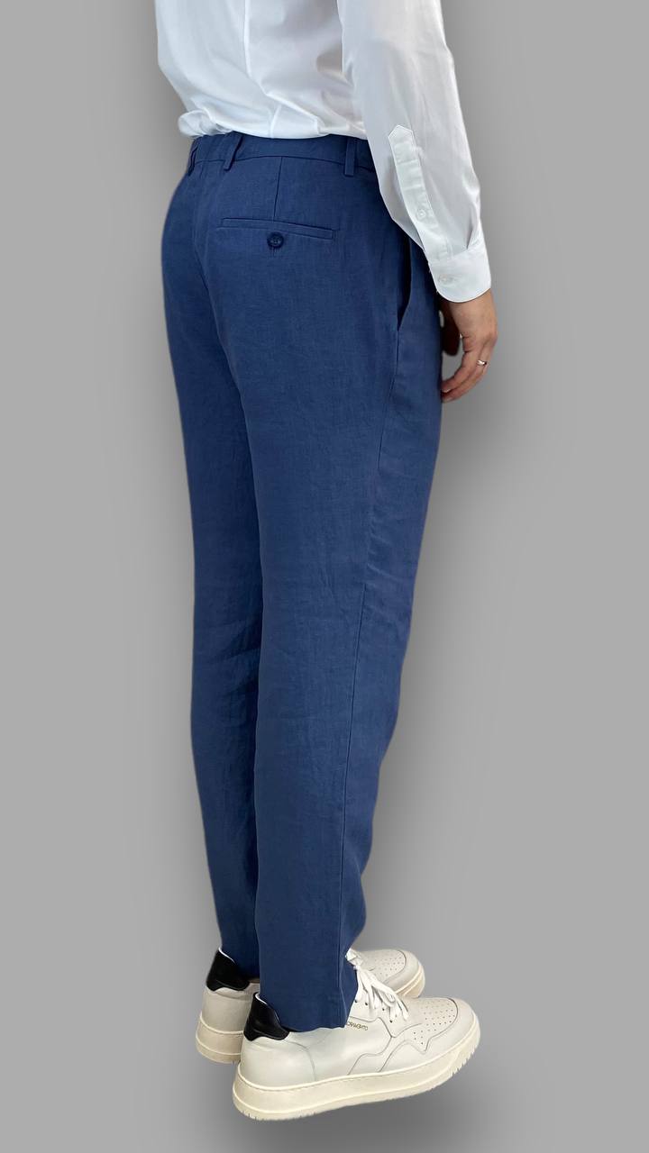 PANTALONE DA ABITO IN 100% LINO TASCA AMERICA  CON PINCE E VITA REGOLABILE - REGULAR FIT